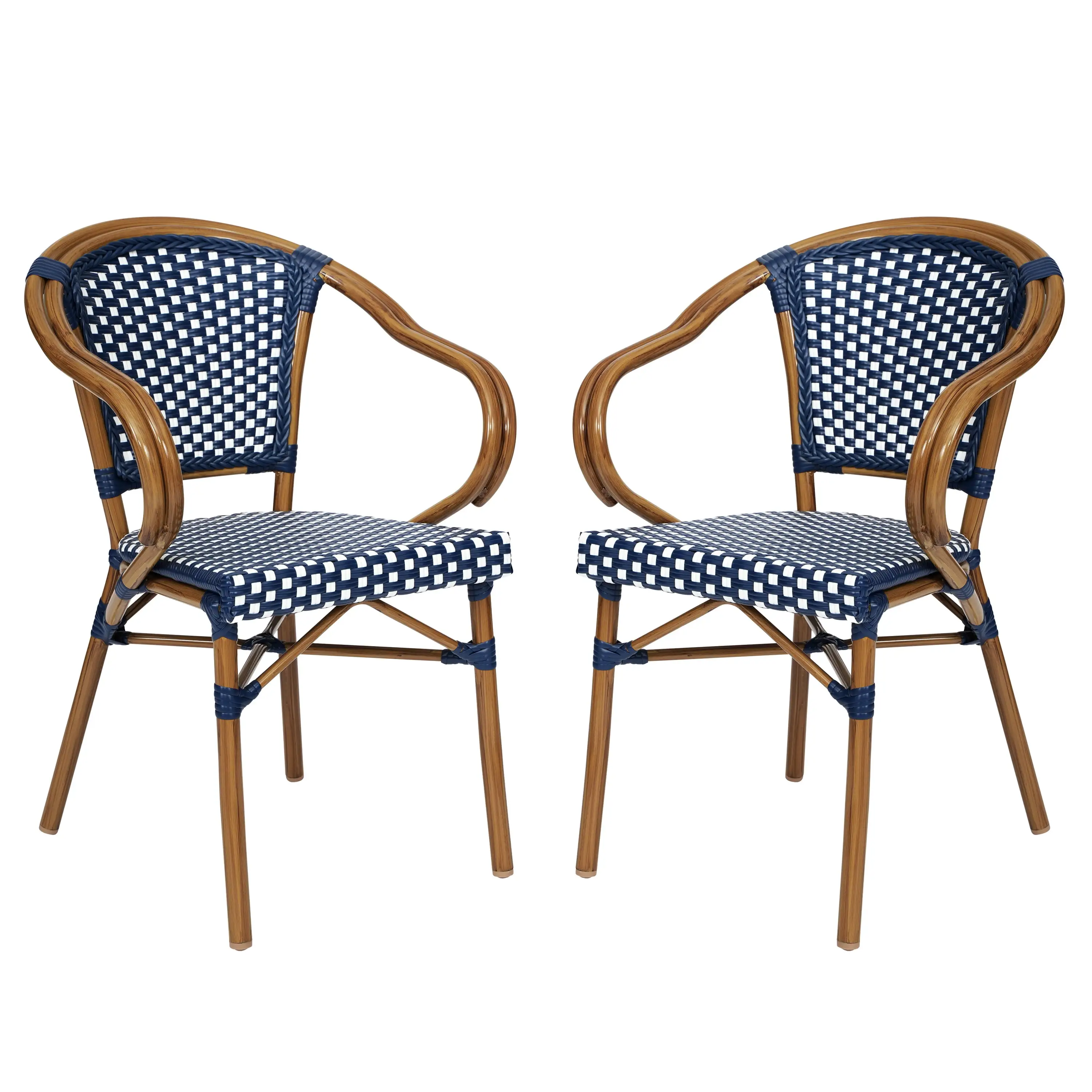 Emma + Oliver Set of Two Indoor/Outdoor Stacking Thonet French Bistro Style Chairs with Arms. Navy & White PE Rattan Seat and Nat Bamboo Finished Metal Frame