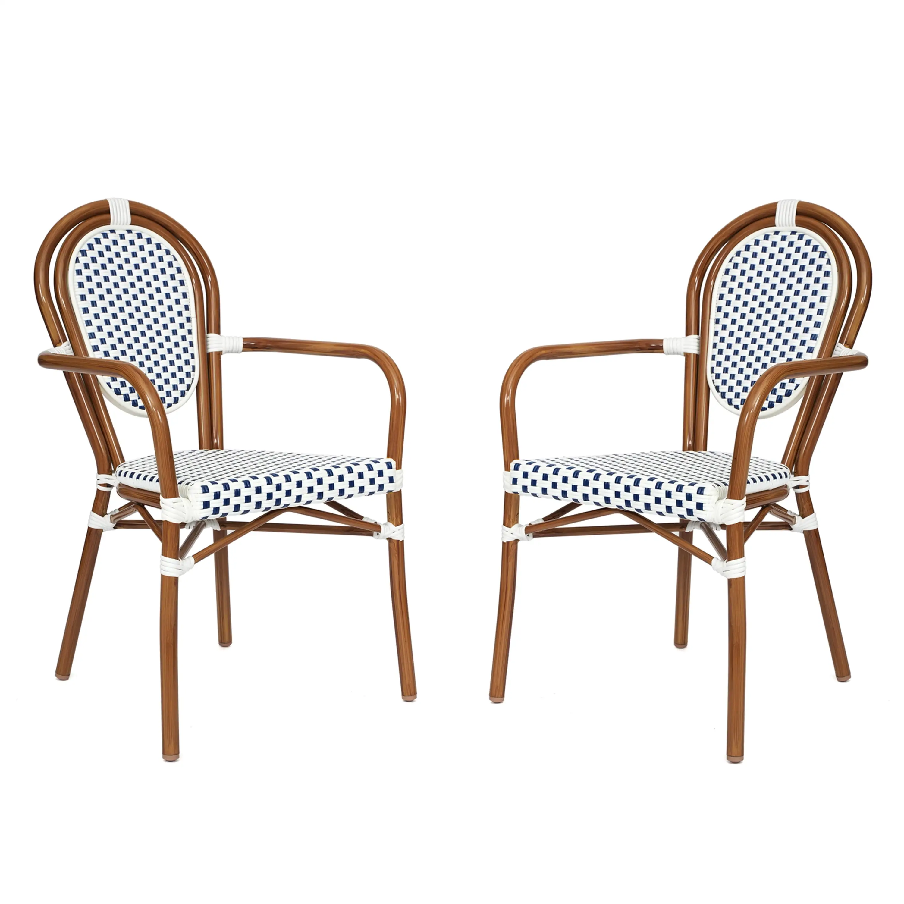 Emma + Oliver Set of Two Indoor/Outdoor Stacking Thonet French Bistro Style Chairs with Arms. White & Navy PE Rattan Seat and Nat Bamboo Finished Metal Frame