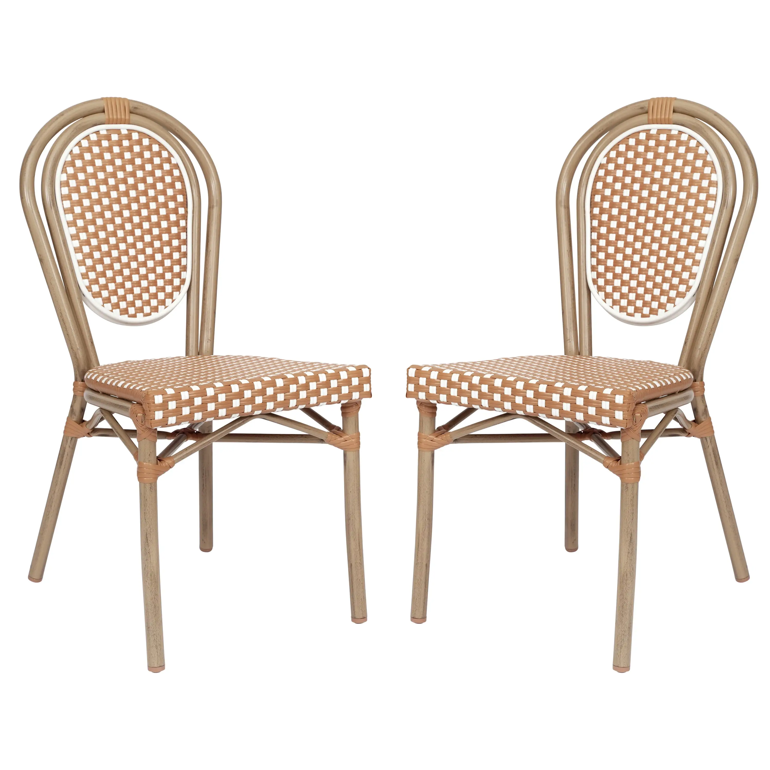 Emma + Oliver Set of Two Indoor/Outdoor Stacking Thonet French Bistro Style Chairs with Natural & White PE Rattan Seat and Lt Nat Bamboo Finished Metal Frame