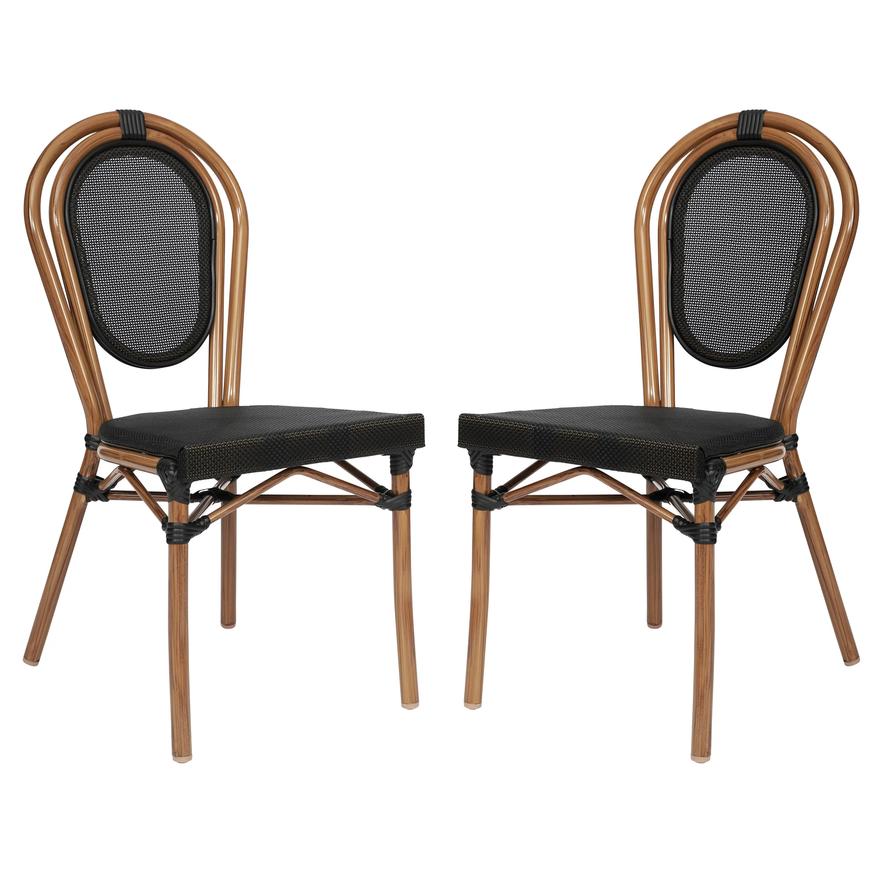 Emma + Oliver Set of Two Indoor/Outdoor Stacking Thonet French Bistro Style Chairs with Black Textilene Seat and Natural Bamboo Finished Metal Frame