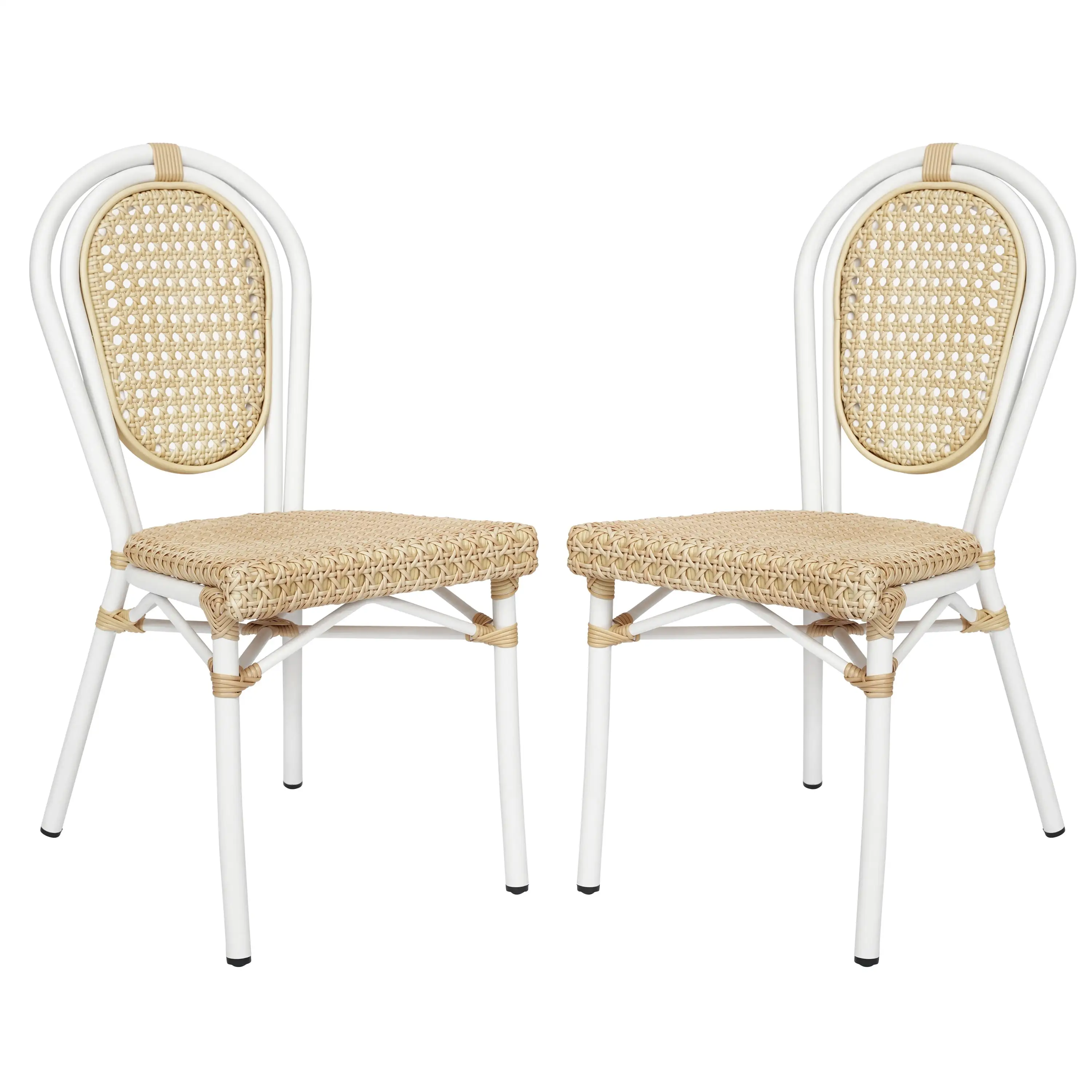 Emma + Oliver Set of Two Indoor/Outdoor Stacking Thonet French Bistro Style Chairs with Natural PE Cane Rattan Seat and White Finished Metal Frame