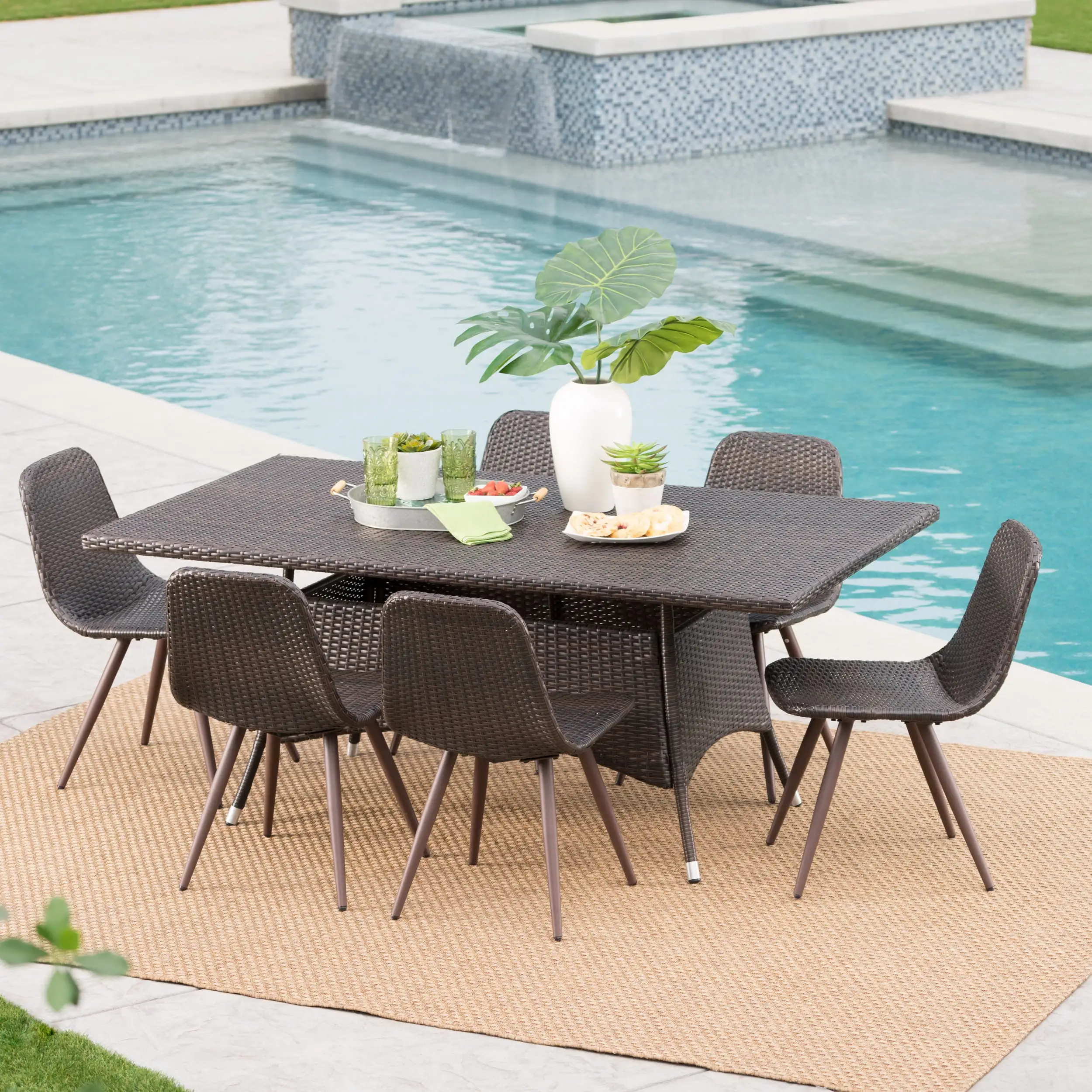 Everett Outdoor 7 Piece Wicker Rectangular Dining Set. Multibrown