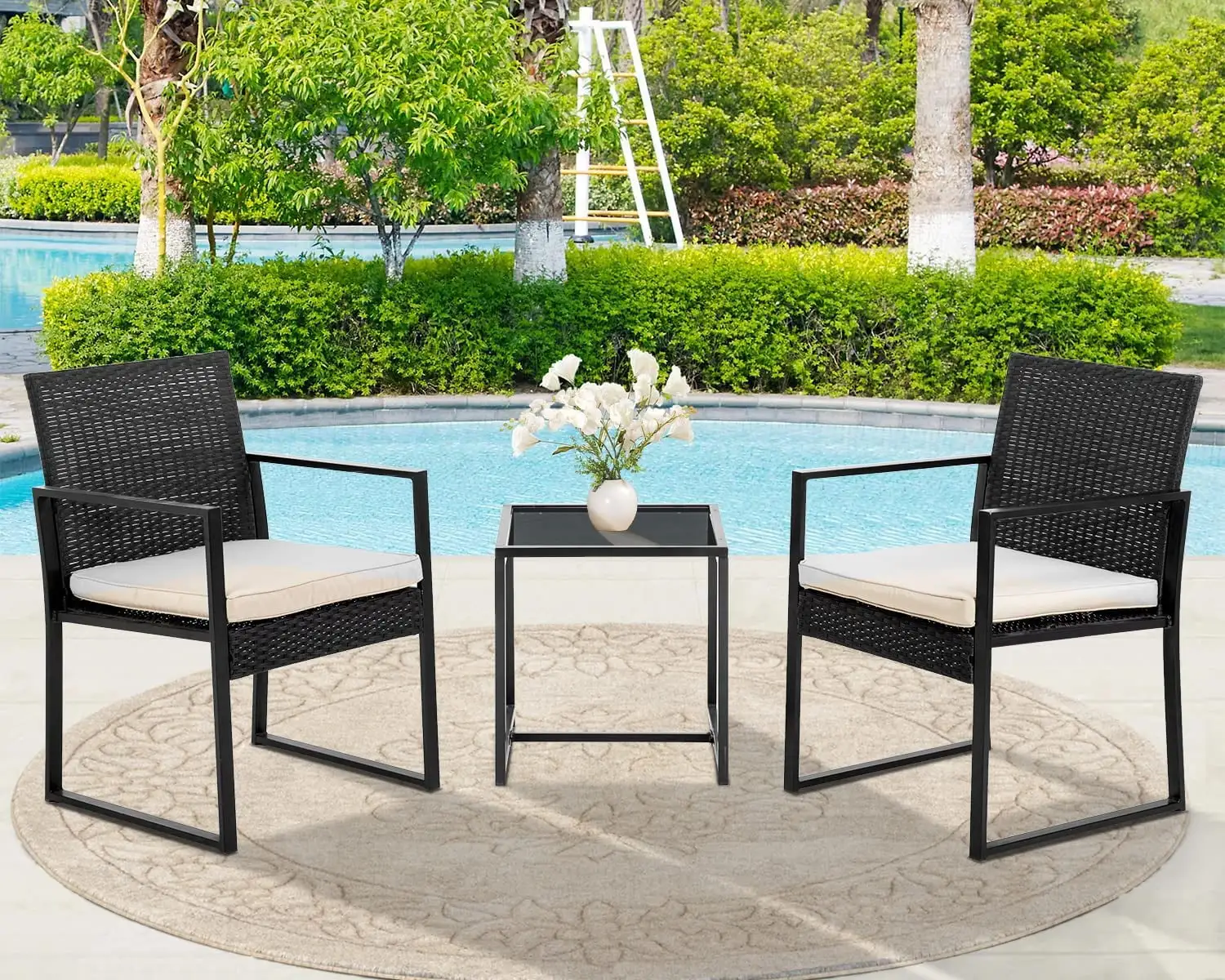 FDW Patio Bistro Set 3 Pieces Outdoor Wicker Chair Patio Rattan Furniture Wicker Conversation Sets Backyard Garden Balcony Poolside.Beige