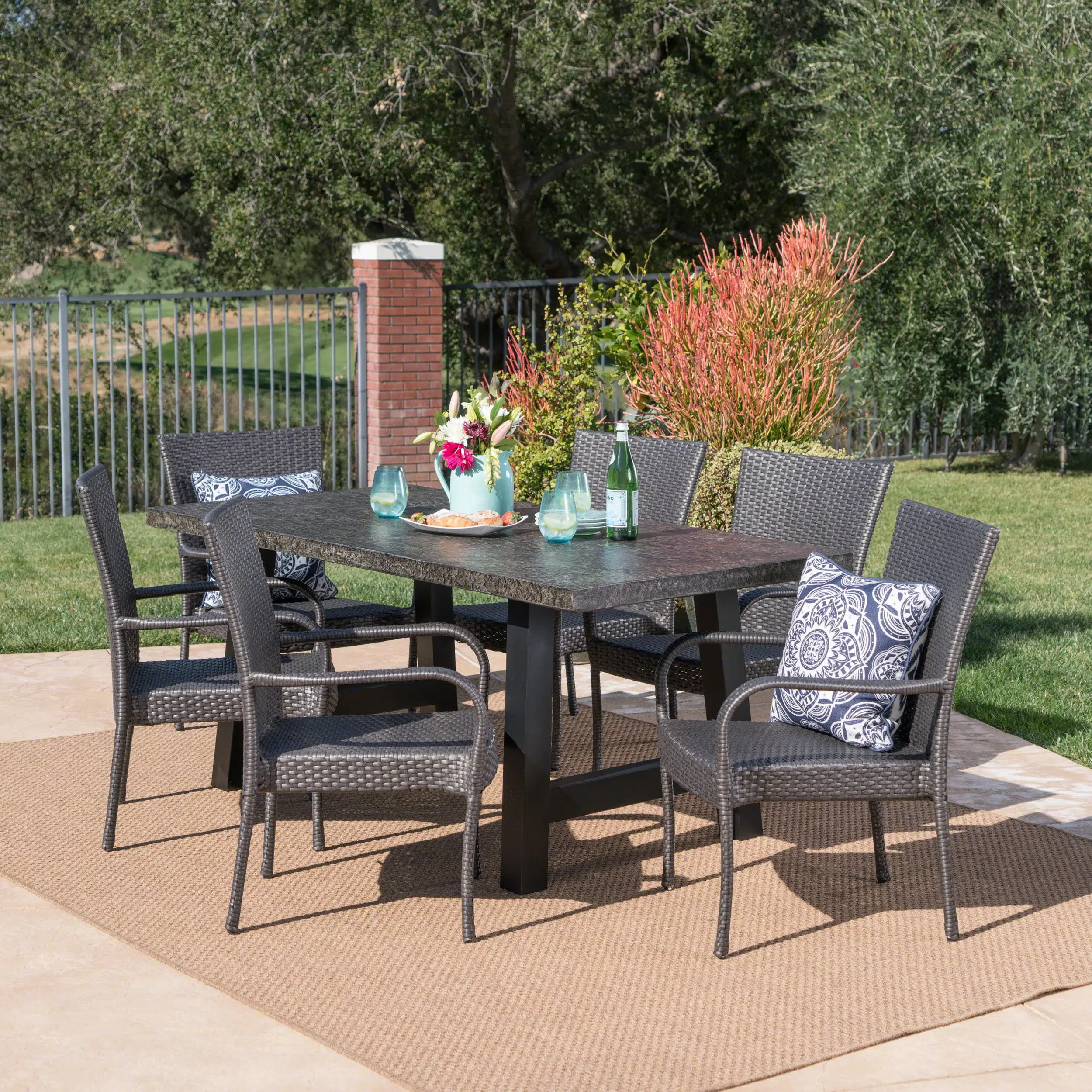 Felipe Outdoor 7 Piece Stacking Wicker and Concrete Dining Set. Grey Stone. Black. Grey