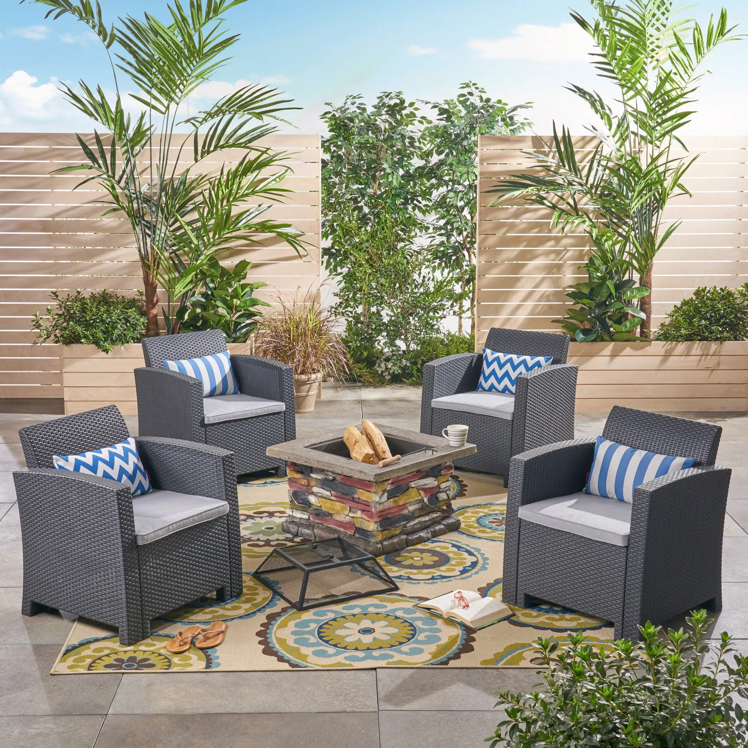 Finley Outdoor 5 Piece Wicker Print Chat Set with Wood Burning Fire Pit. Gray. Natural Stone