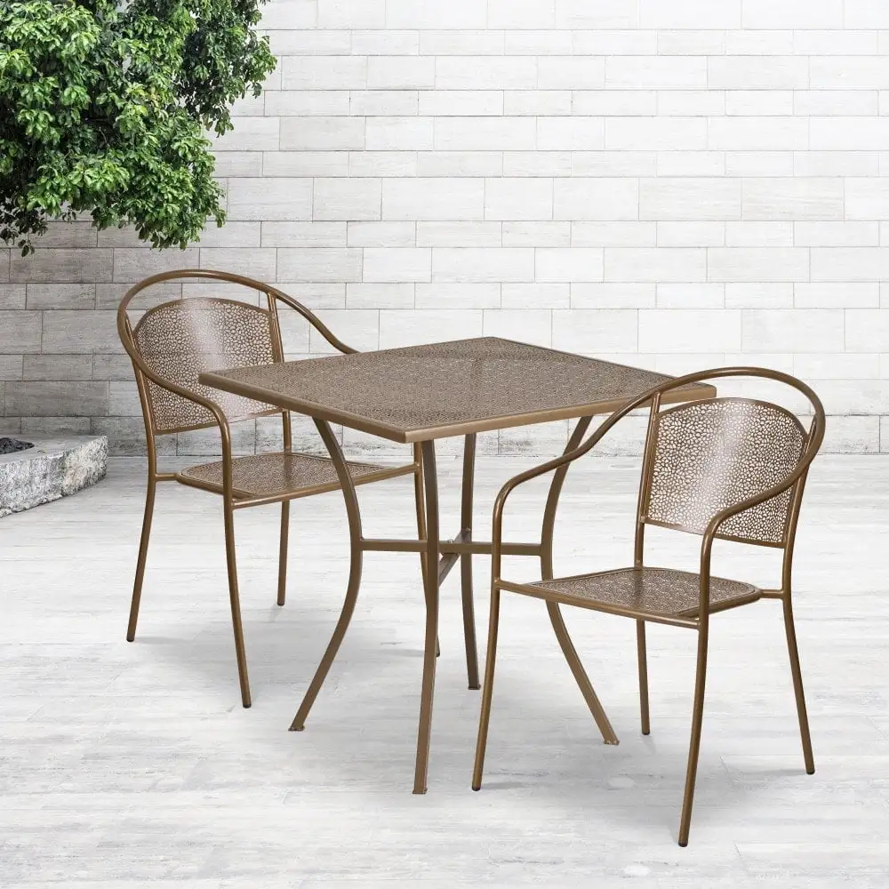 Flash Furniture 28'' Square Indoor-Outdoor Steel Patio Table Set with 2 Round Back Chairs Gold