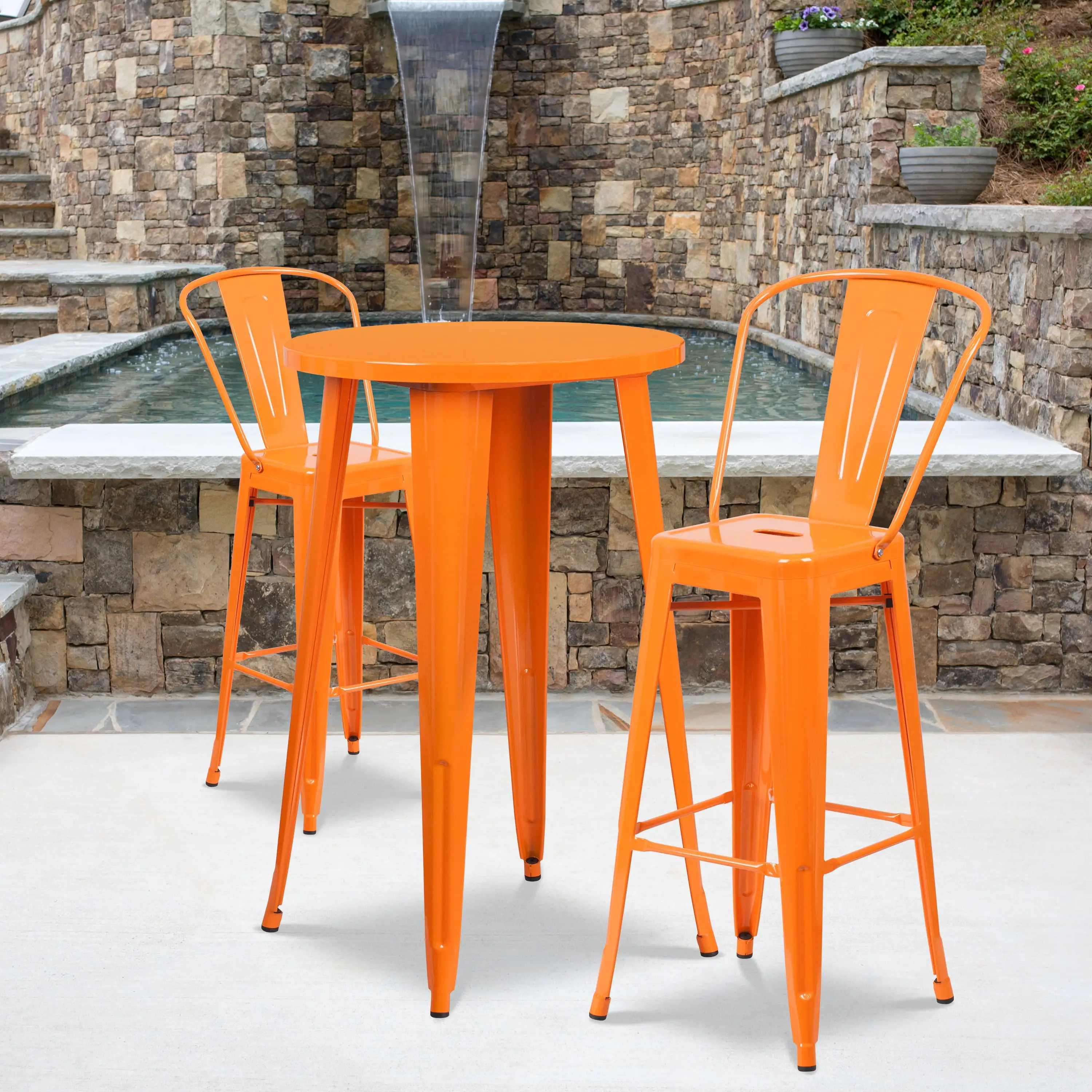 Flash Furniture Commercial Grade 24 Round Orange Metal Indoor-Outdoor Bar Table Set with 2 Cafe Stools