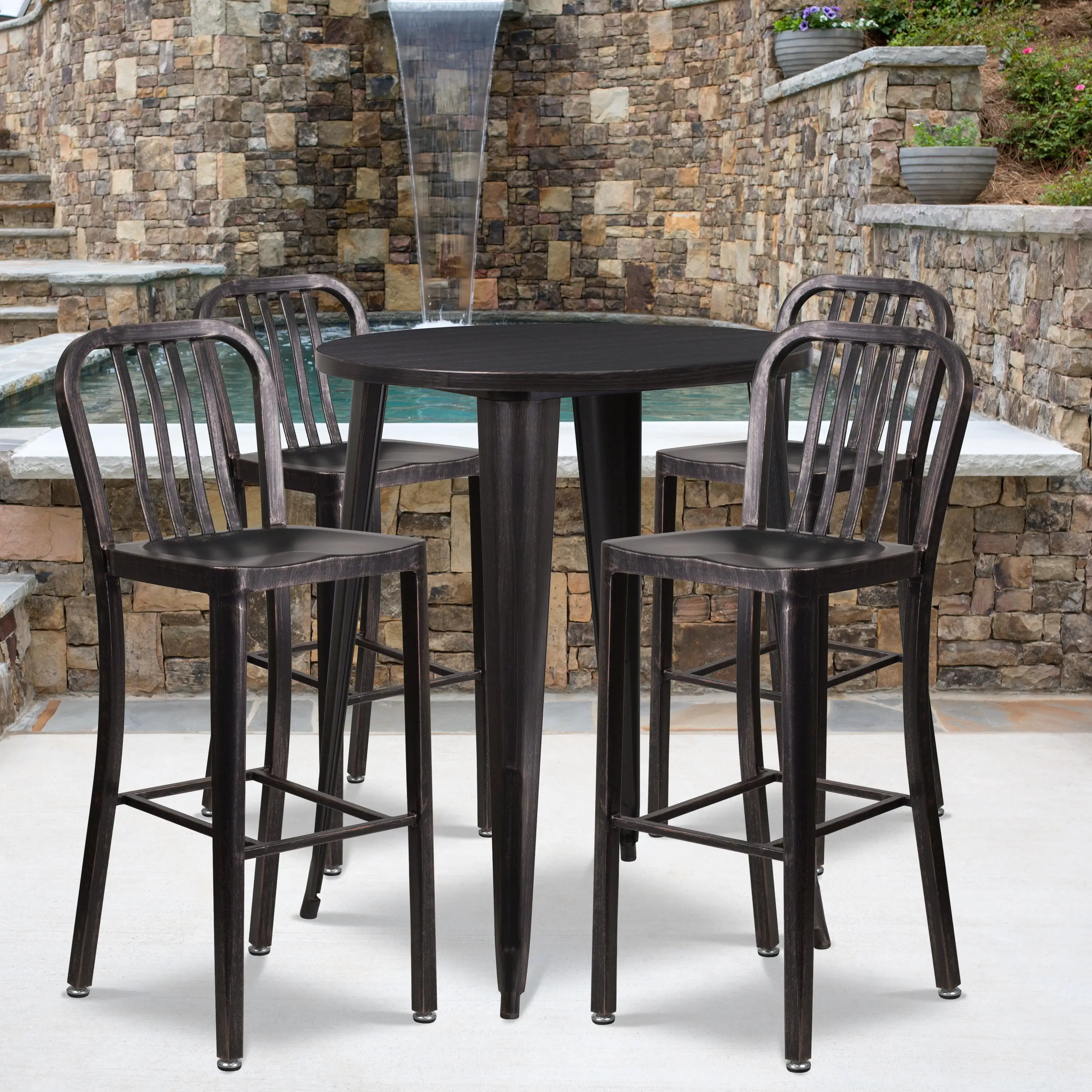 Flash Furniture Commercial Grade 30 Round Black-Antique Gold Metal Indoor-Outdoor Bar Table Set with 4 Vertical Slat Back Stools