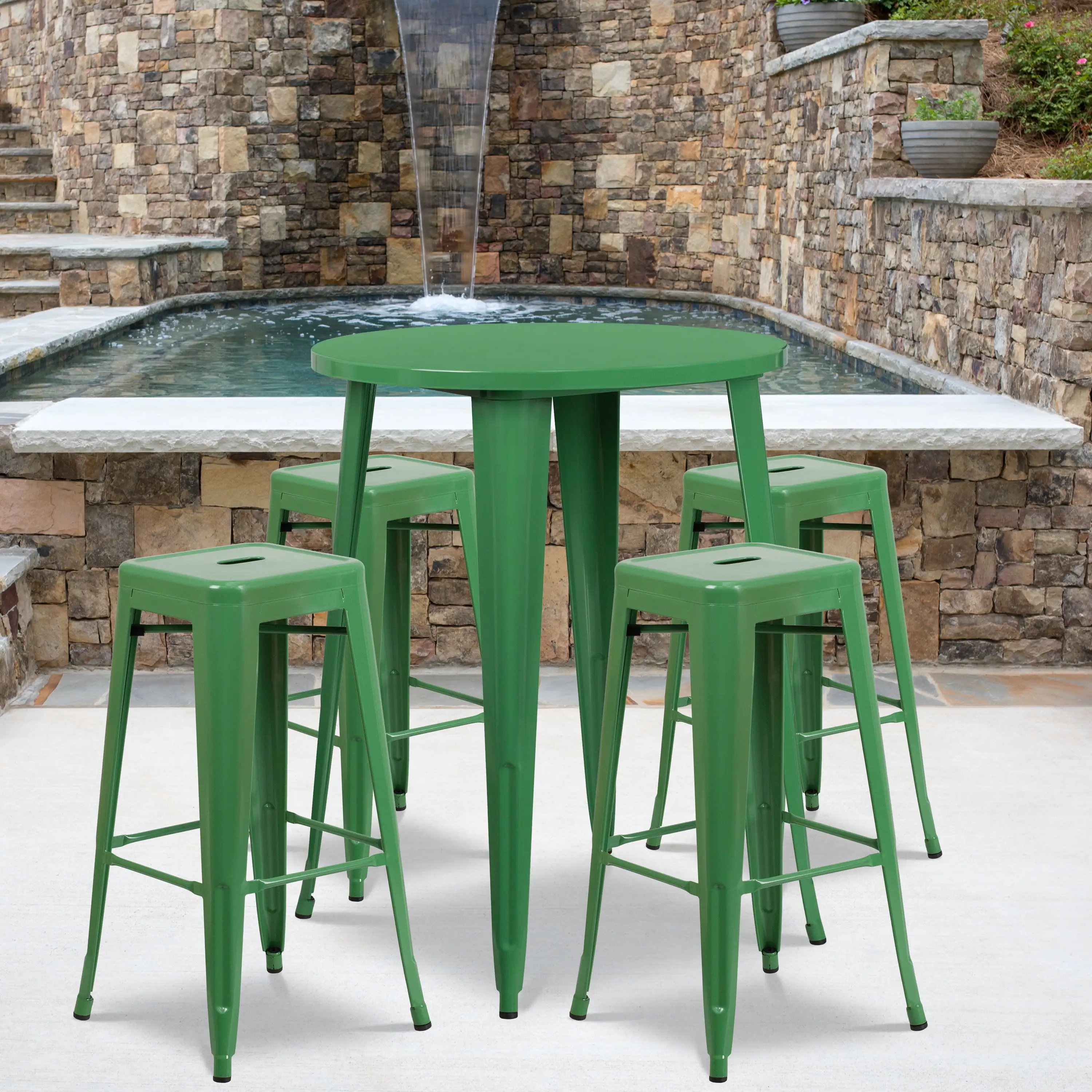 Flash Furniture Commercial Grade 30 Round Green Metal Indoor-Outdoor Bar Table Set with 4 Square Seat Backless Stools