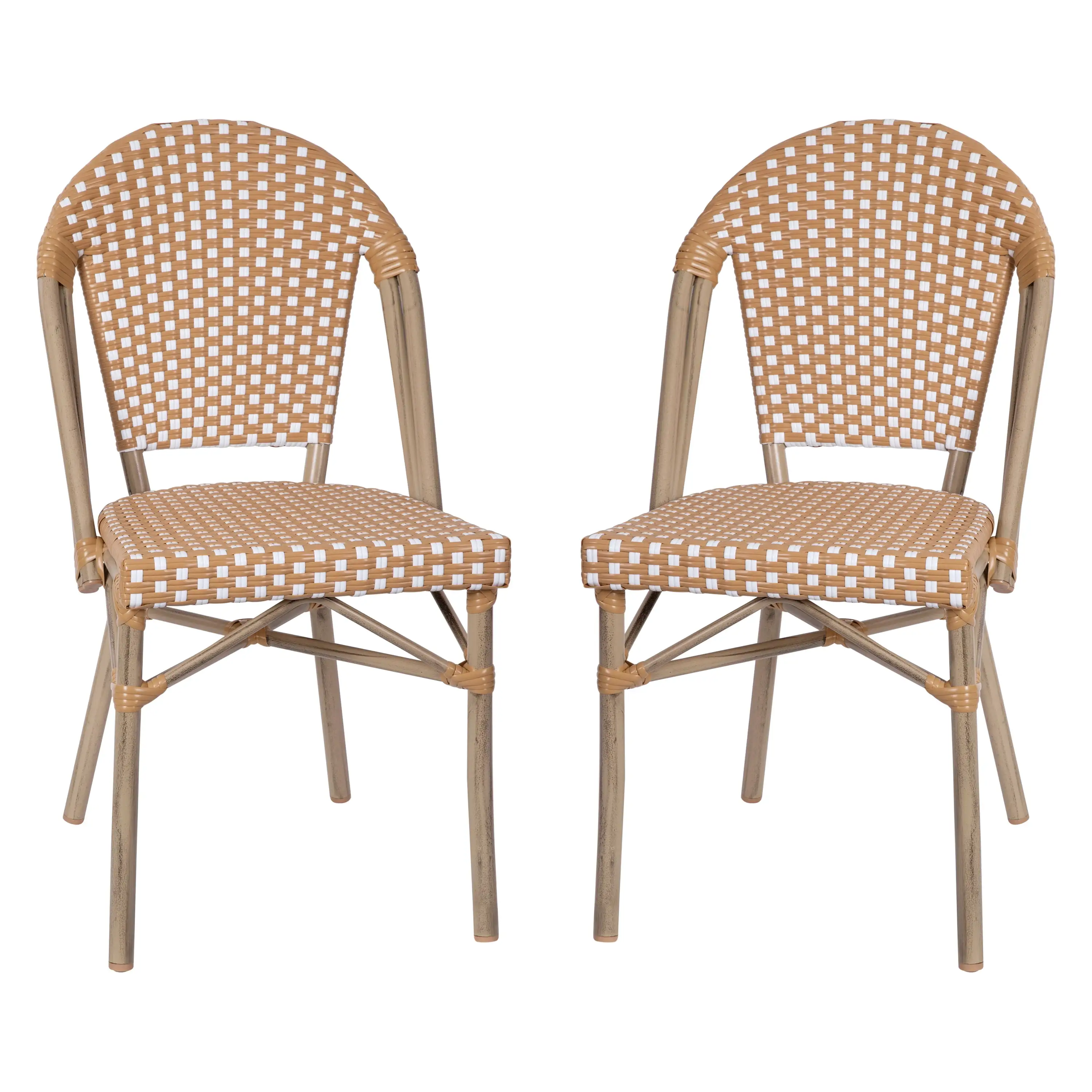 Flash Furniture Lourdes Set of 2 Indoor/Outdoor Commercial French Bistro Stack Chairs. Natural/White PE Rattan Back & Seat. Bamboo Print Light Natural Aluminum Frame