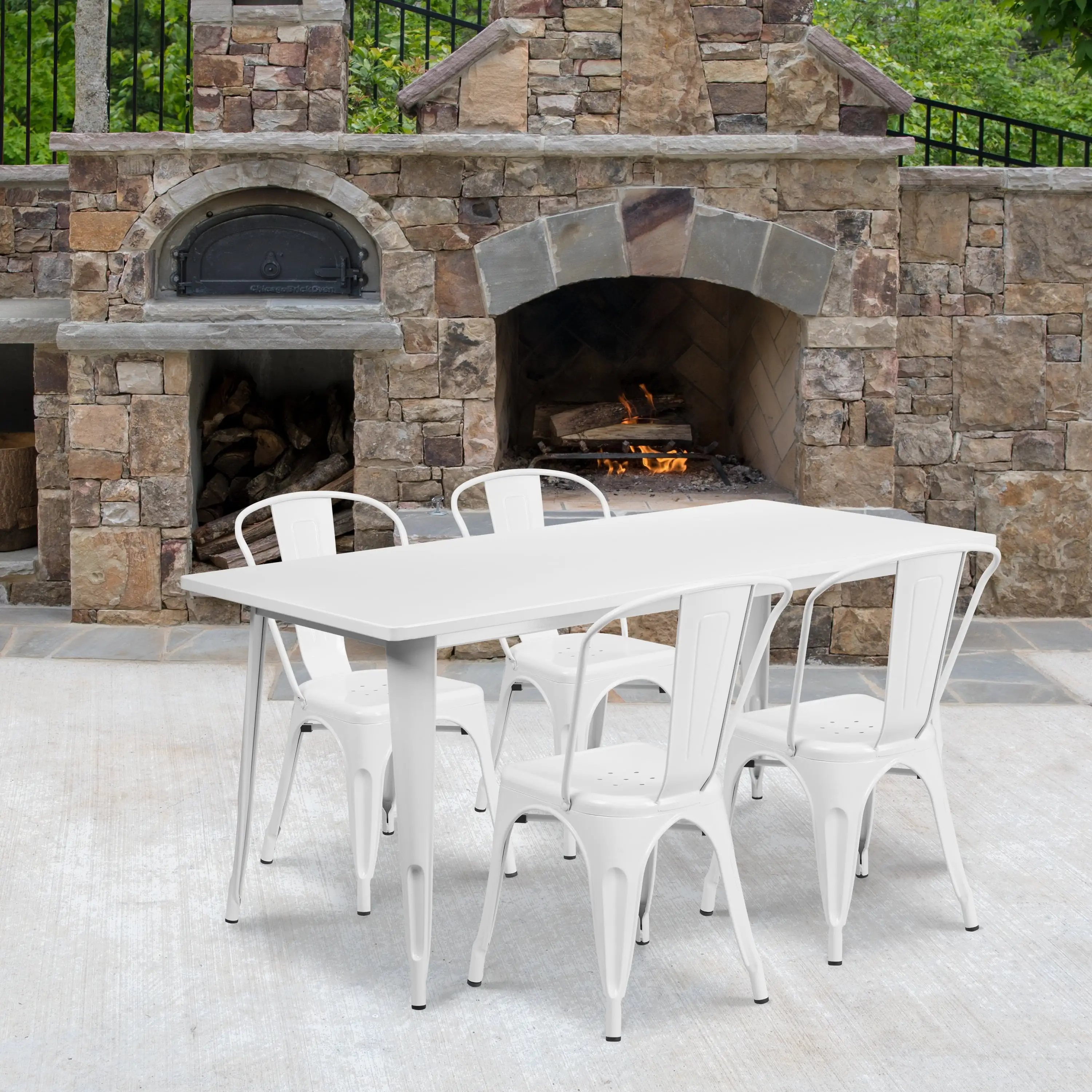 Flash Furniture Metal Indoor/ Outdoor Table and Stackable Chair Set White Powder Coated