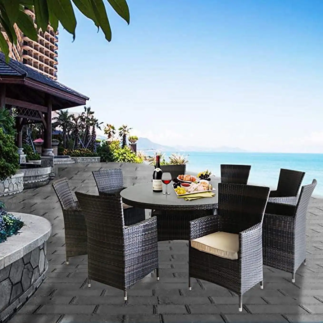 Furniture One 9PCS Wicker Patio Dining Set Rust Free Aluminium Frame Full Assemble. Outdoor Furniture Set 8 Seats. Round Glass Table Top with Umbrella Hole. Mix Brown