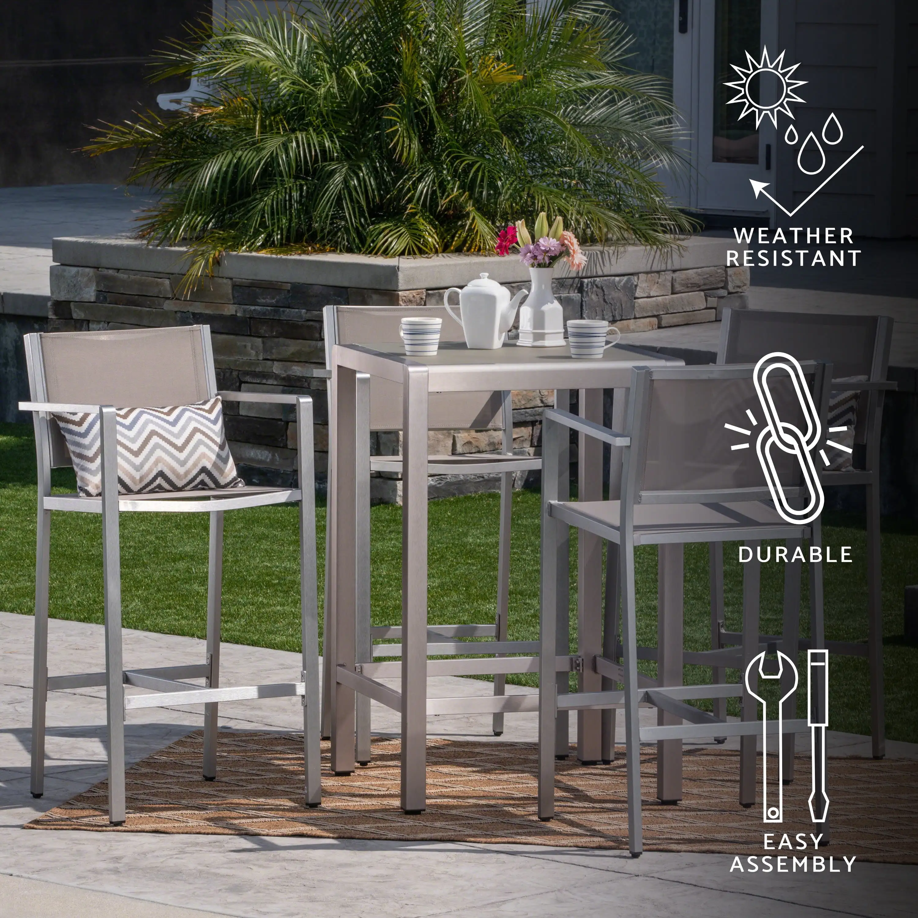 GDF Studio Crested Bay Outdoor Aluminum Bar Set. Gray Mesh with Glass Top