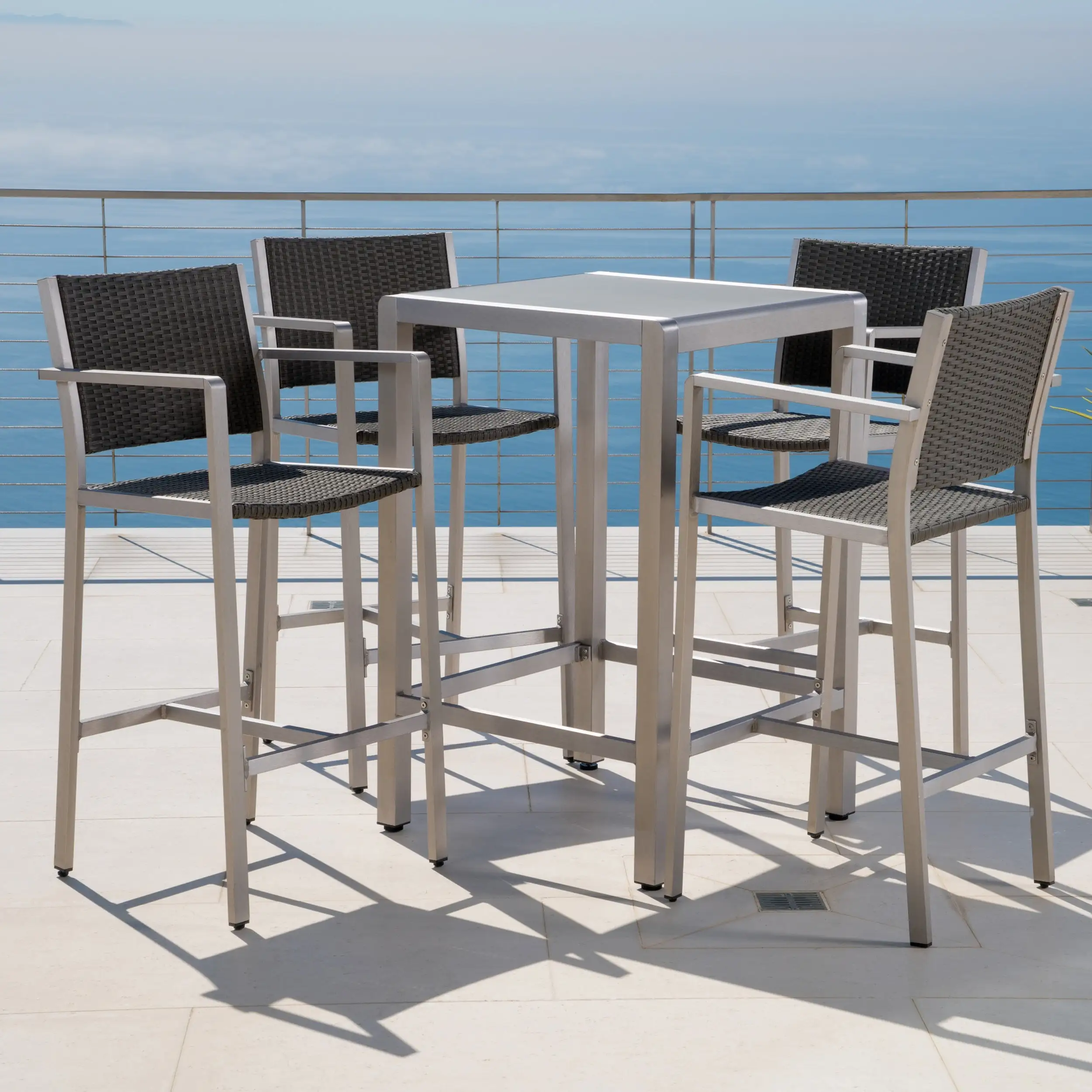 GDF Studio Crested Bay Outdoor Aluminum Bar Set. Gray Wicker with Glass Top