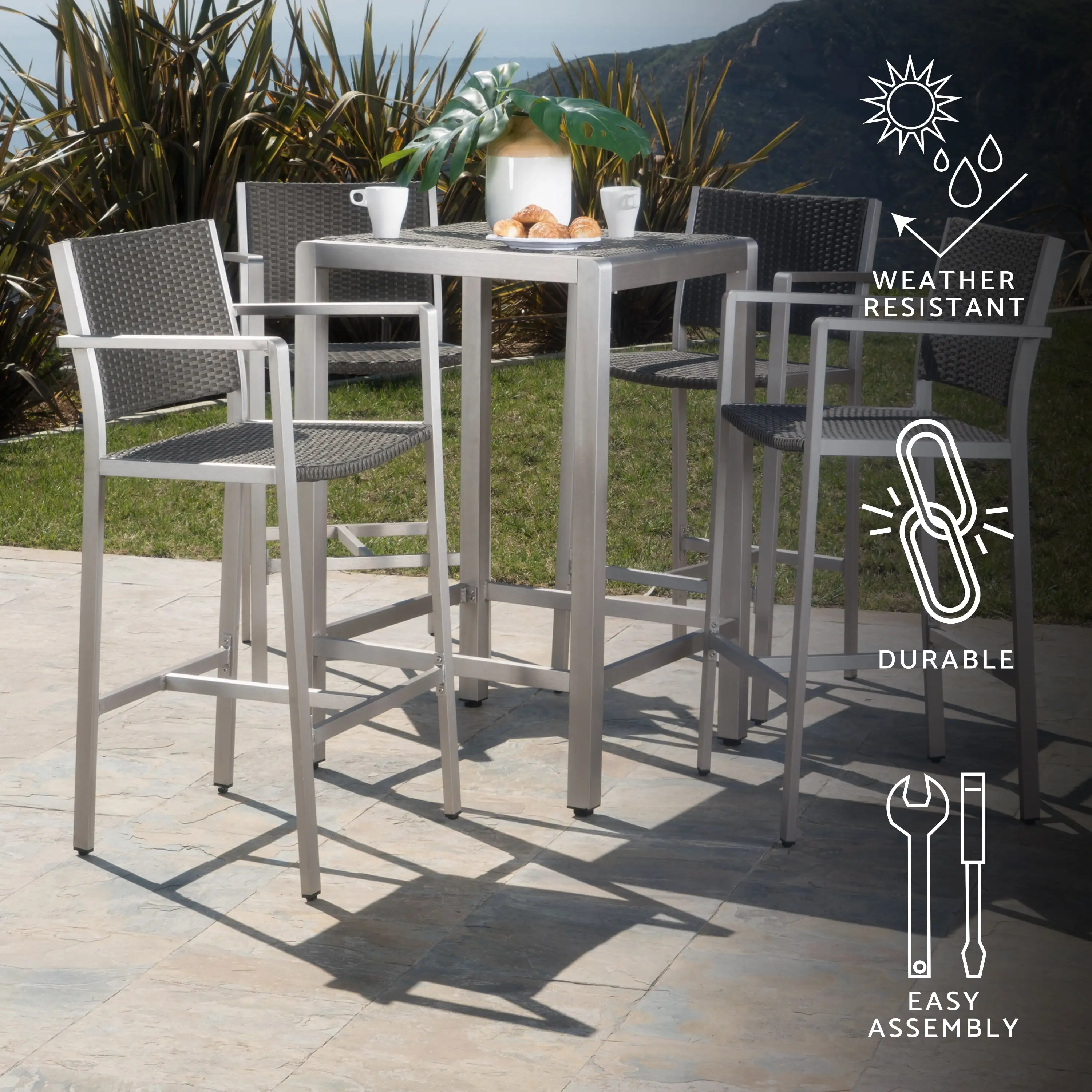 GDF Studio Crested Bay Outdoor Aluminum Bar Set. Gray Wicker