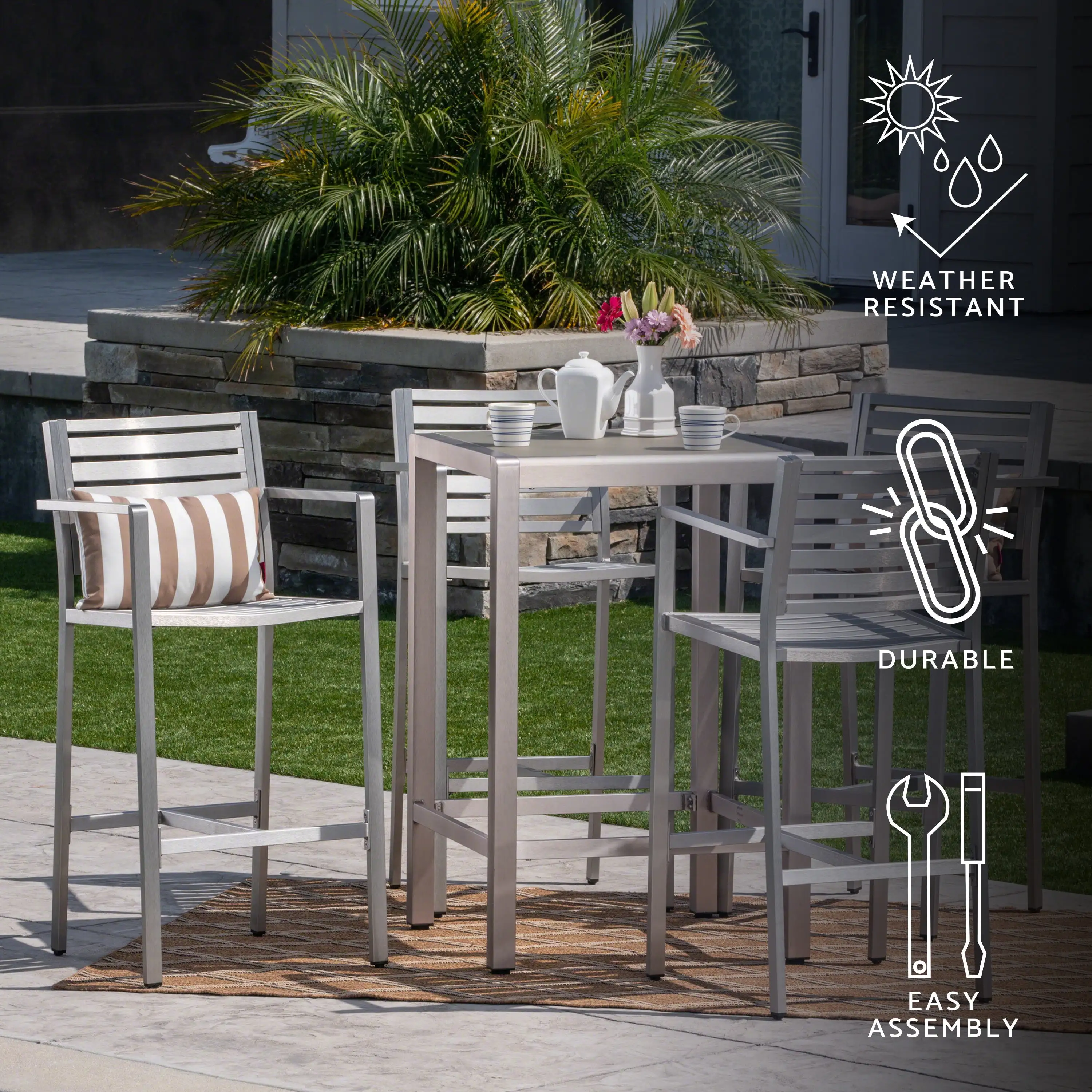 GDF Studio Crested Bay Outdoor Aluminum Bar Set. Gray with Glass Top