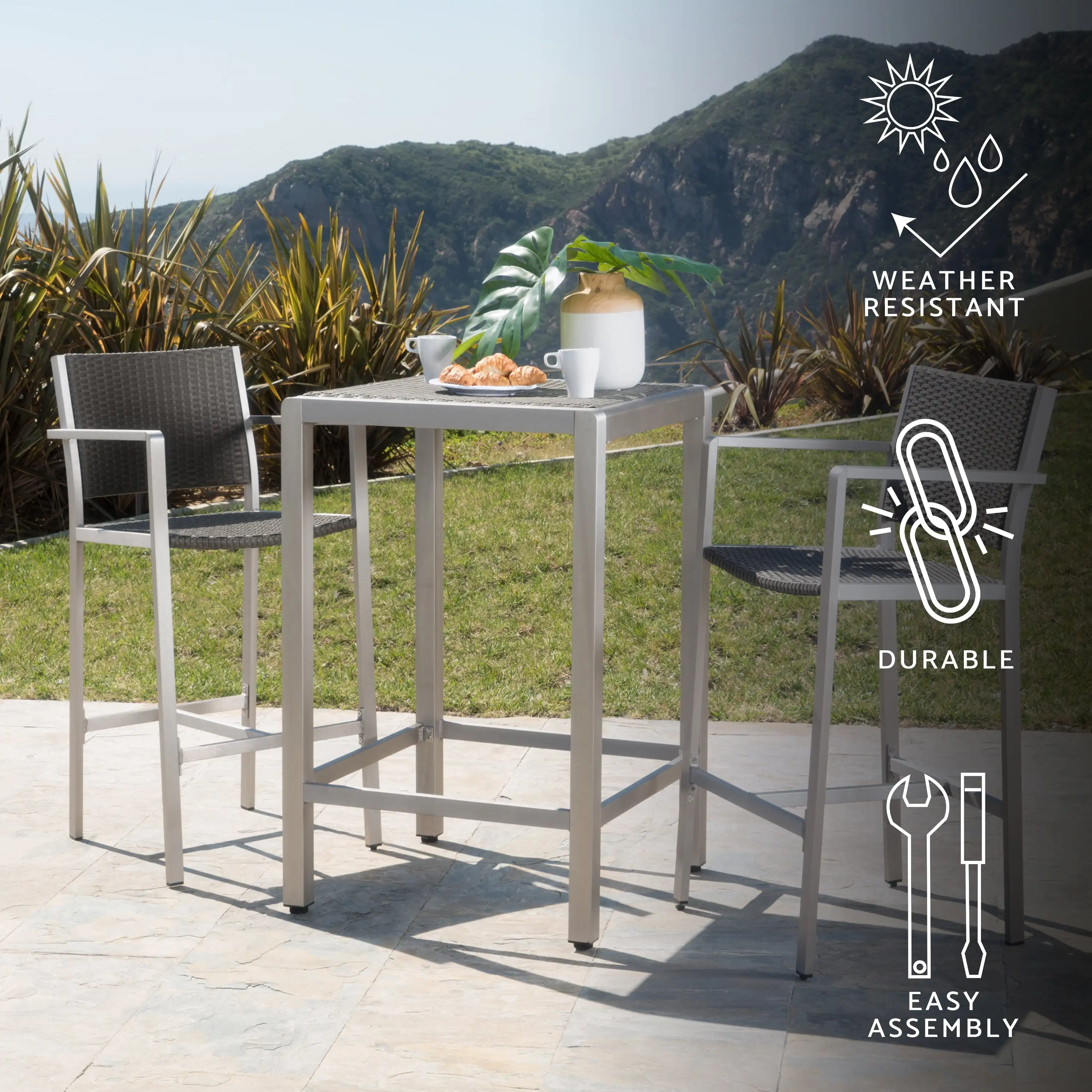 GDF Studio Crested Bay Outdoor Aluminum and Wicker 3 Piece Bar Set. Gray Wicker