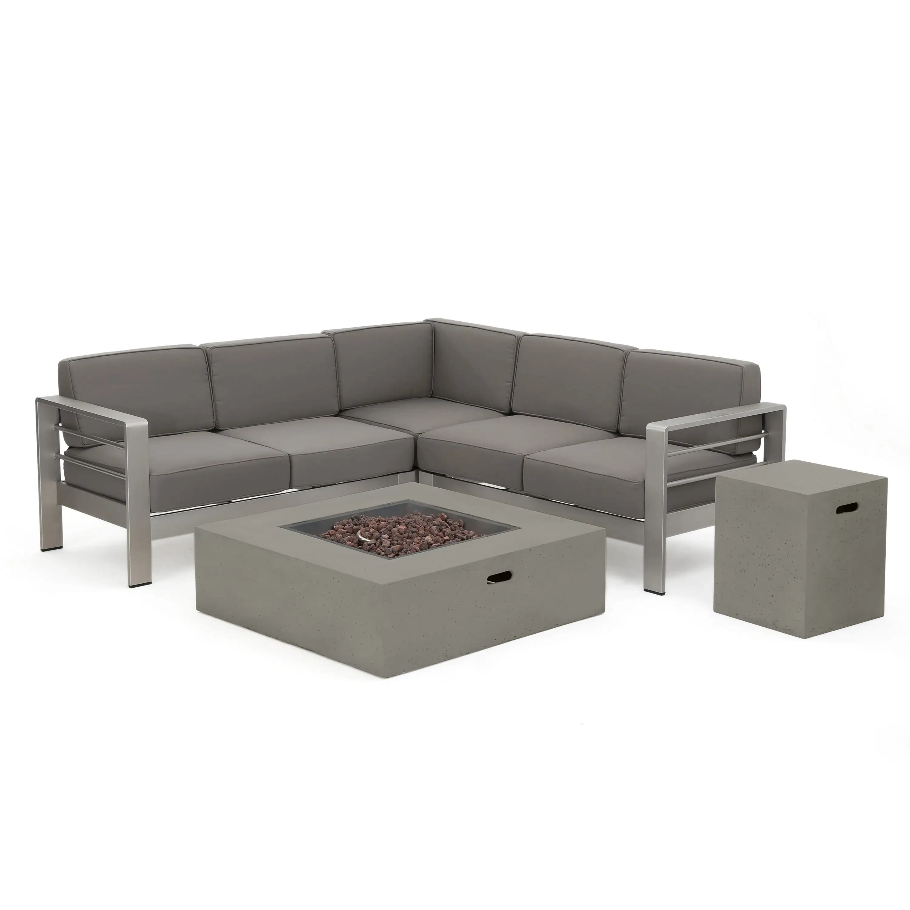 GDF Studio Crested Bay Outdoor V-Shaped Sofa Set with Fire Table. Gray and Light Grey