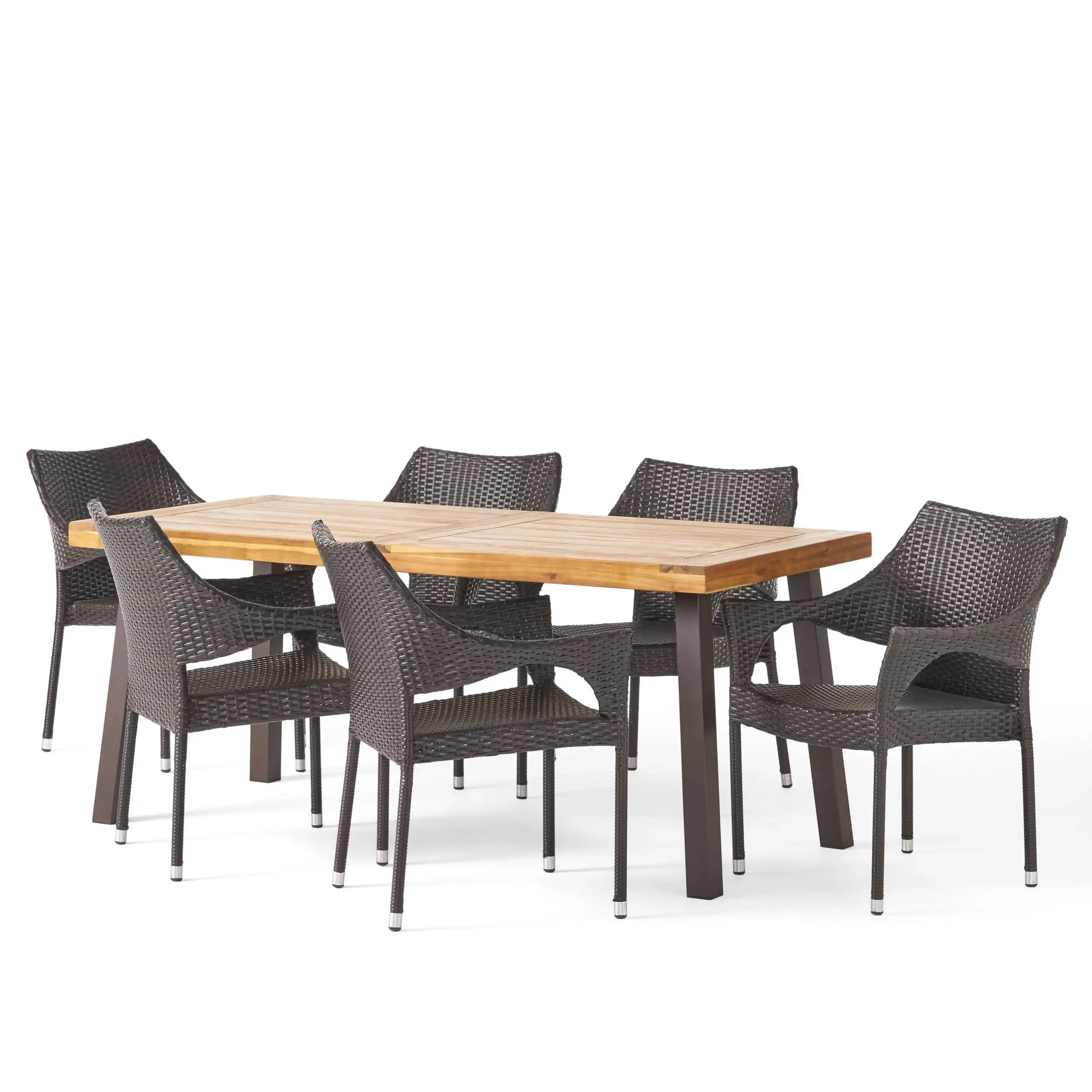 GDF Studio Daytona Outdoor Acacia Wood and Wicker 7 Piece Dining Set. Teak and Multibrown