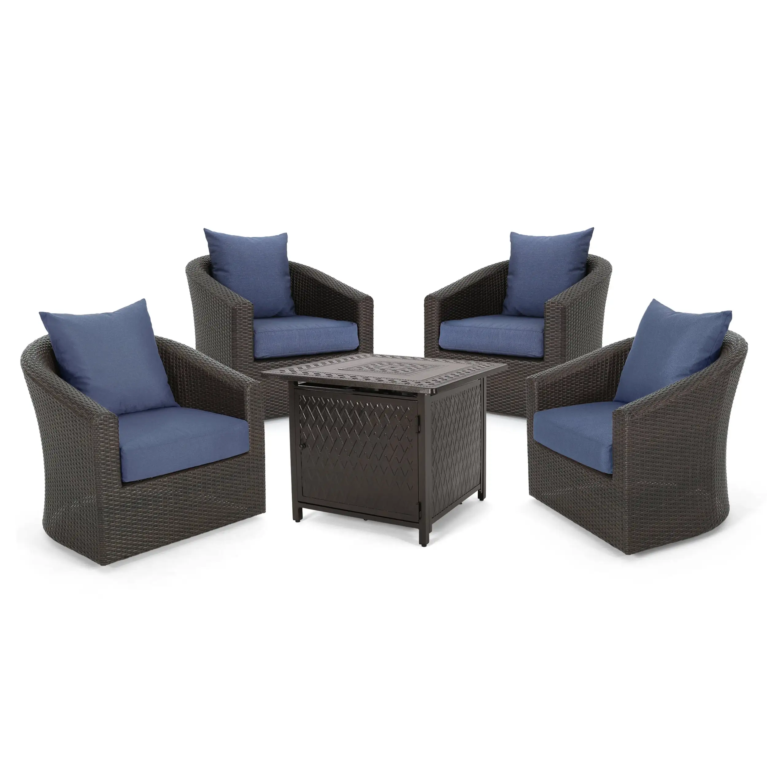 GDF Studio Dillard Outdoor 4 Seater Wicker Swivel Chair and Fire Pit Set. Mixed Brown. Navy Blue. and Hammered Bronze