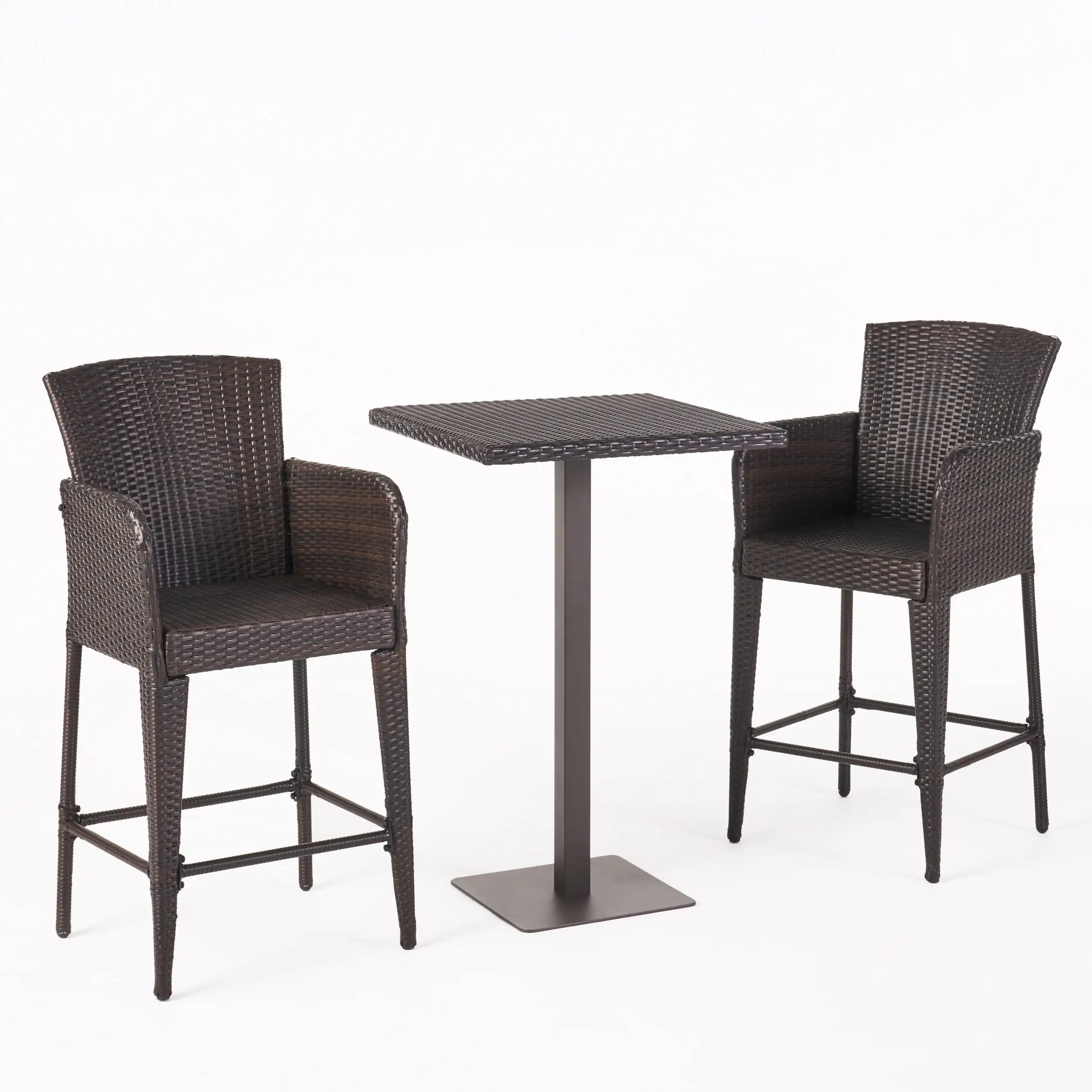 GDF Studio Fausett Outdoor Wicker 3 Piece Bistro Bar Set. Multibrown