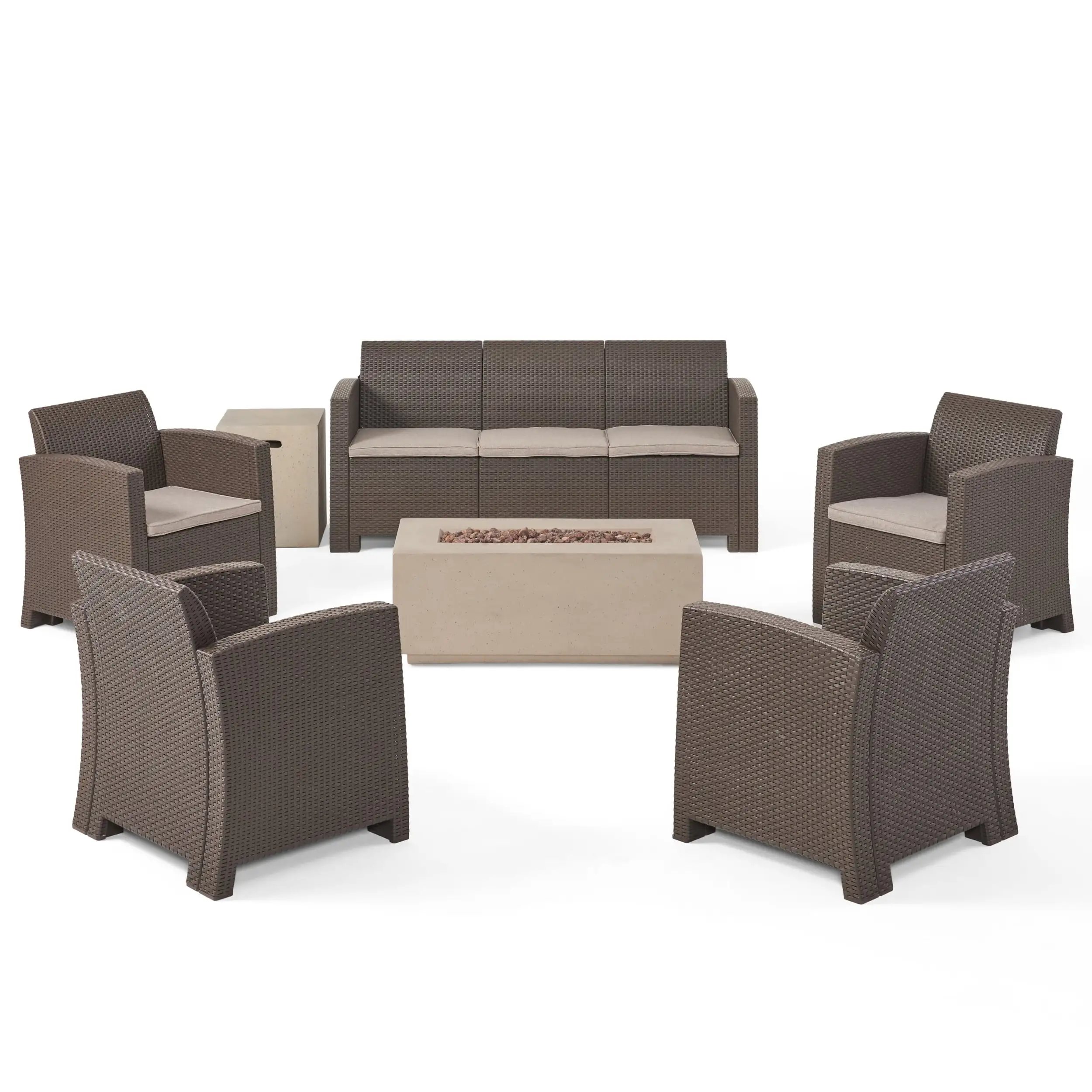 GDF Studio Flamingo Outdoor Faux Wicker 7 Seater Sofa and Club Chair Set with Fire Pit. Brown. Mixed Beige. and Light Gray