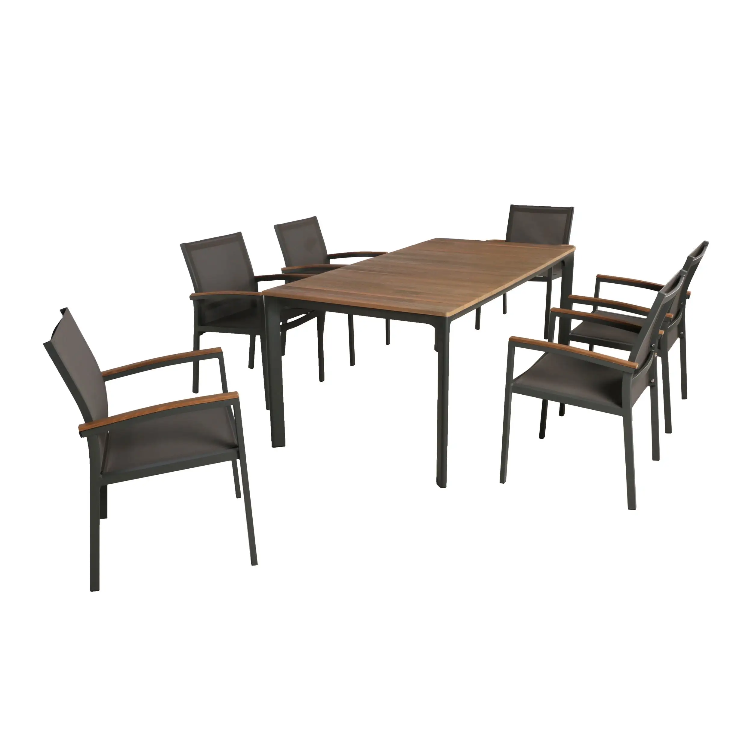 GDF Studio Huxley Outdoor Aluminum 7 Piece Dining Set with Wood Tabletop. Gray Mesh and Natural