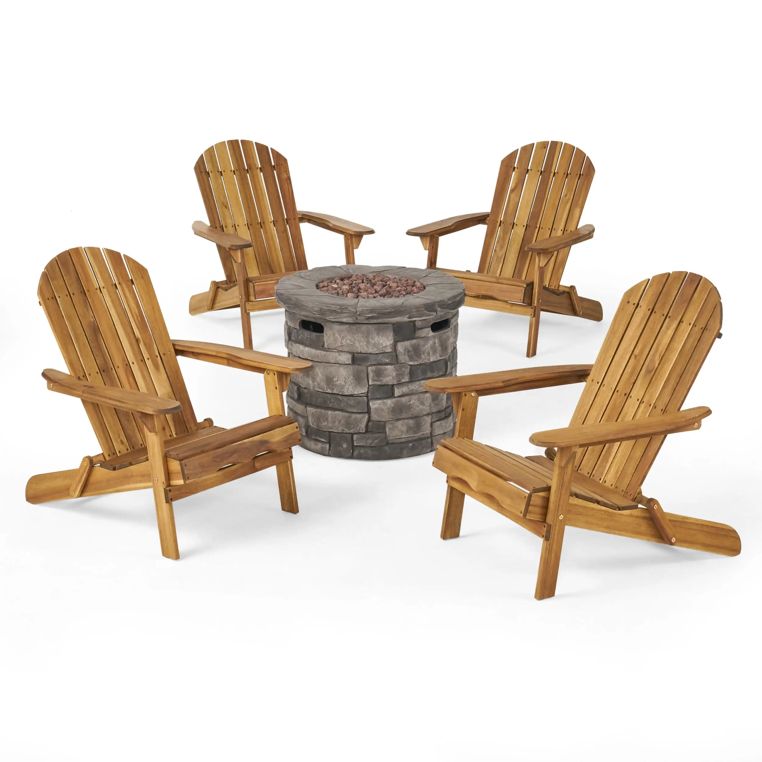 GDF Studio Jasper Outdoor Acacia Wood 5 Piece Adirondack Chair and Fire Pit Set. Natural and Gray