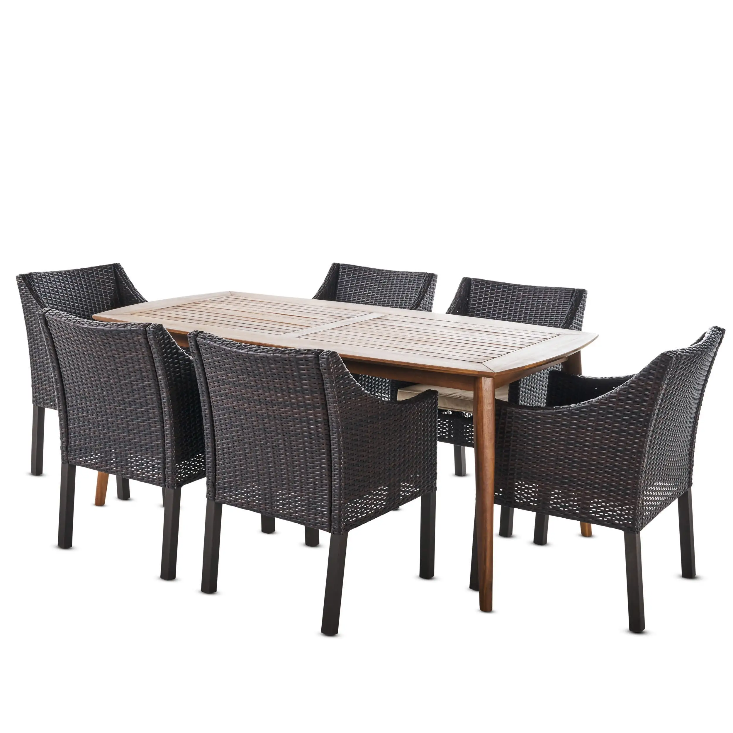 GDF Studio Kerk Outdoor Acacia Wood and Wicker 7 Piece Dining Set with Cushion. Teak. Multibrown. and Beige