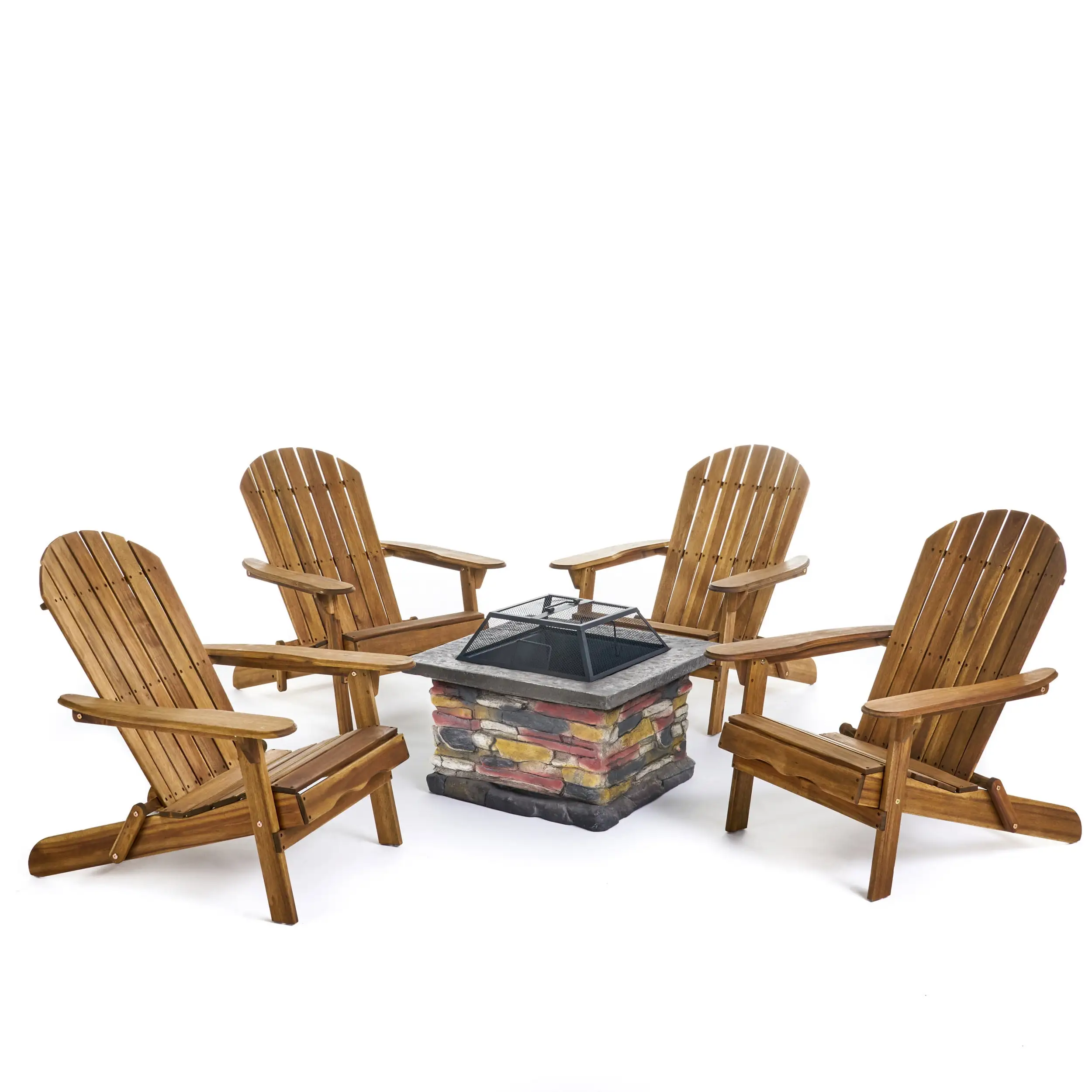 GDF Studio Kingston Outdoor Acacia Wood 5 Piece Adirondack Chair and Fire Pit Set. Natural and Natural Stone