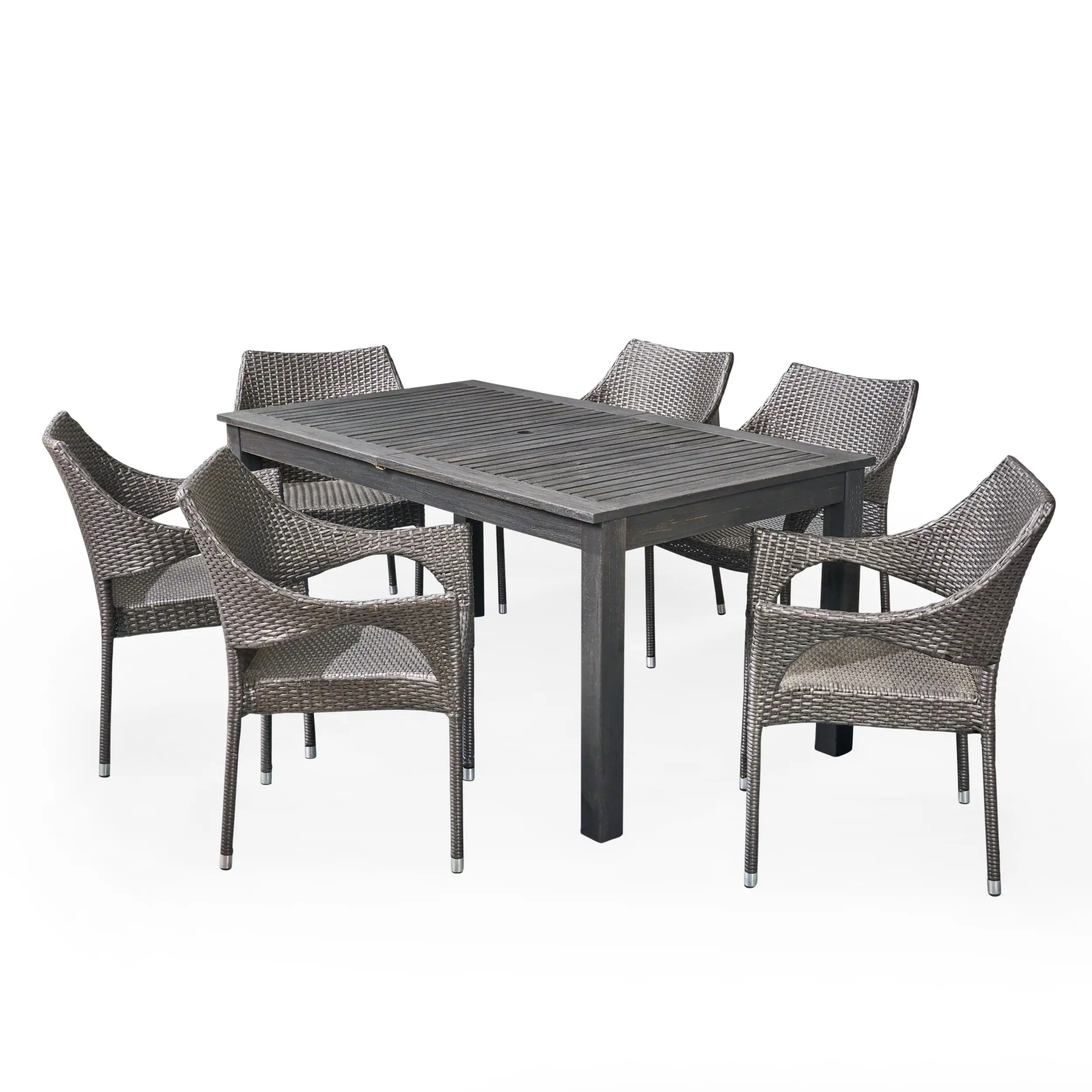 GDF Studio Kyler Outdoor Acacia Wood and Wicker 7 Piece Expandable Dining Set. Sandblasted Dark Gray and Gray