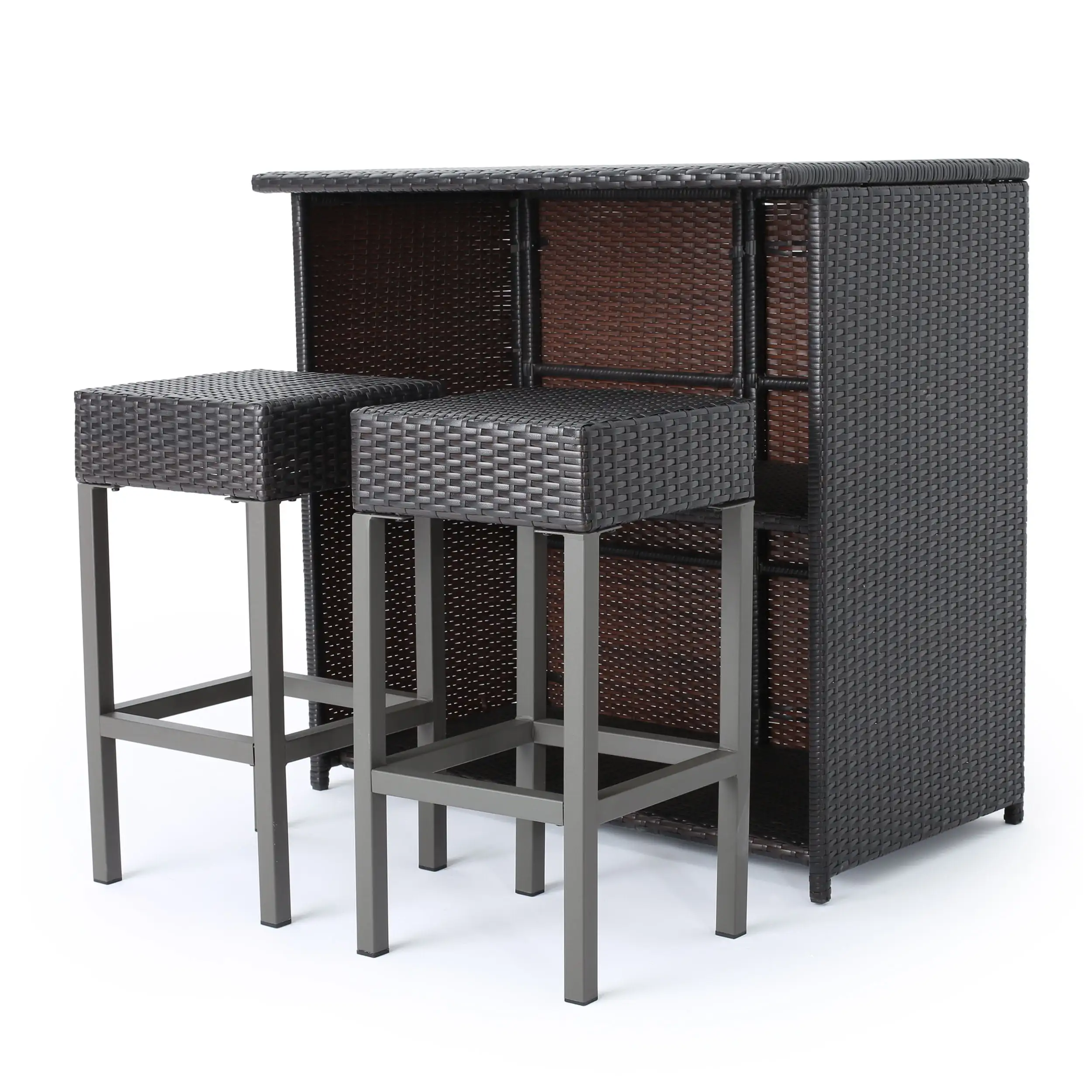 GDF Studio Lina Outdoor Wicker 3 Piece Bar Set. Multibrown and Gray