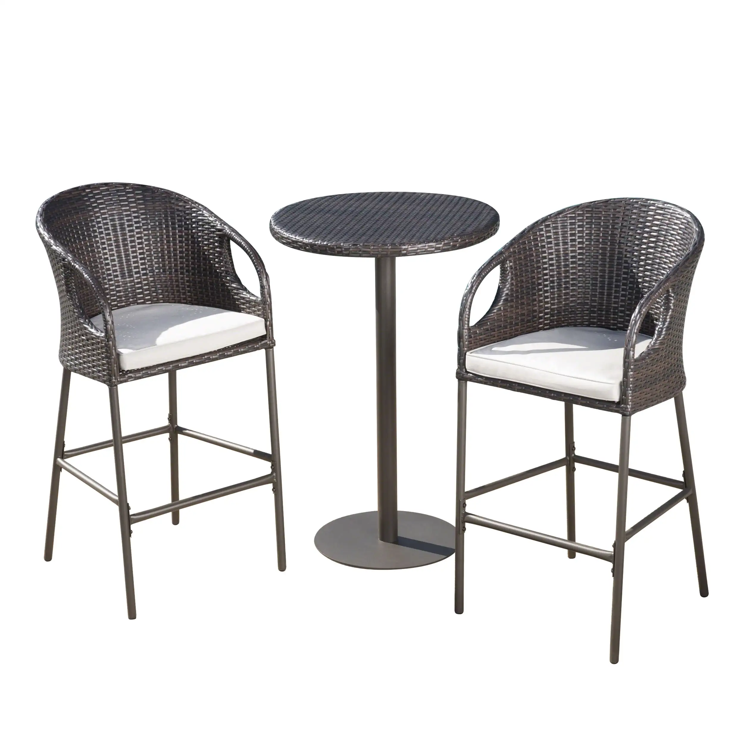 GDF Studio Markey Outdoor Wicker 3 Piece Bistro Bar Set with Cushion. Multibrown and Light Brown