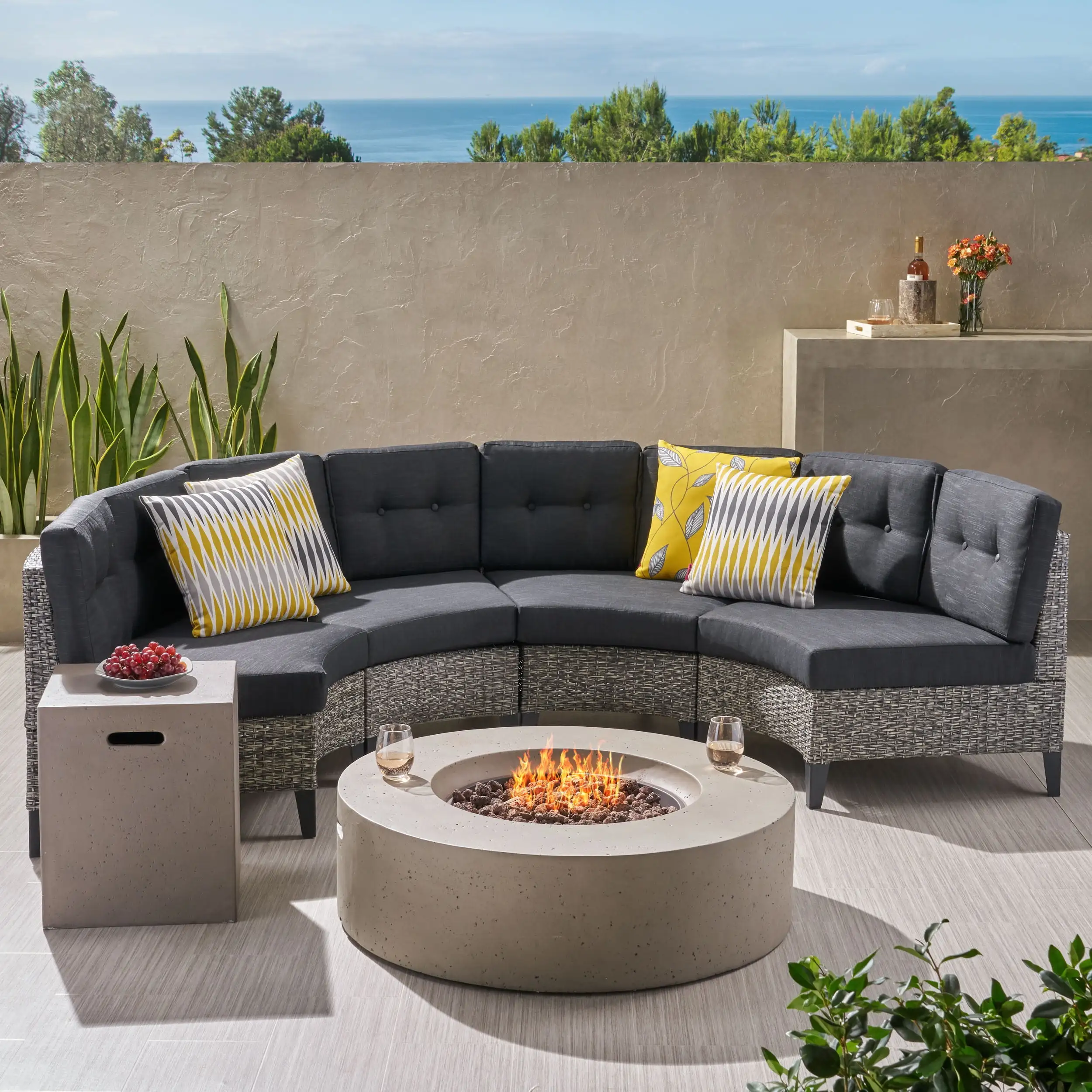 GDF Studio Marlen Outdoor Wicker 4 Seater Half Round Sofa Set with Fire Pit. Mixed Black. Dark Gray. and Light Gray