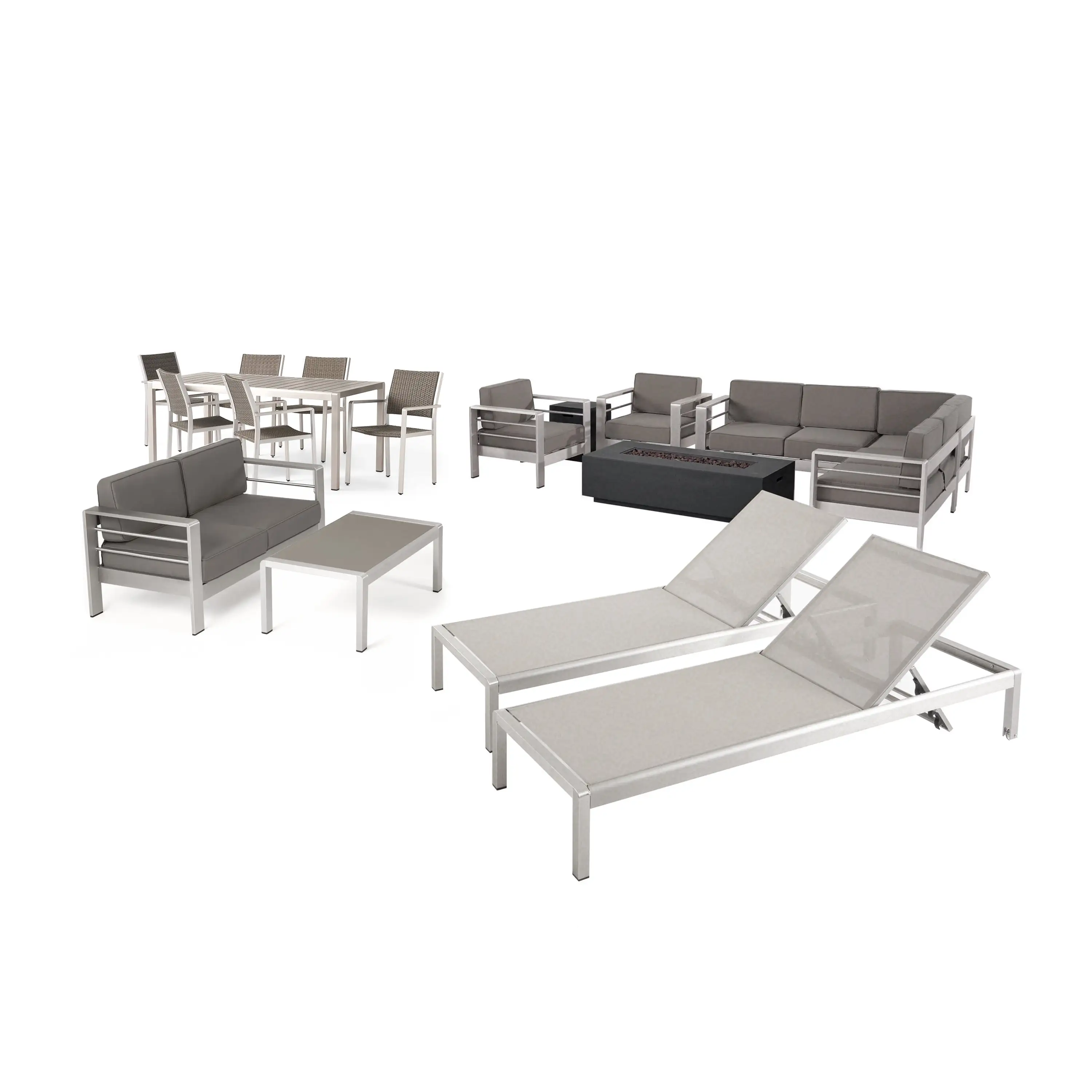 GDF Studio Nikolas Outdoor 18 Piece Aluminum Estate Collection with Fire Pit. Silver. Gray