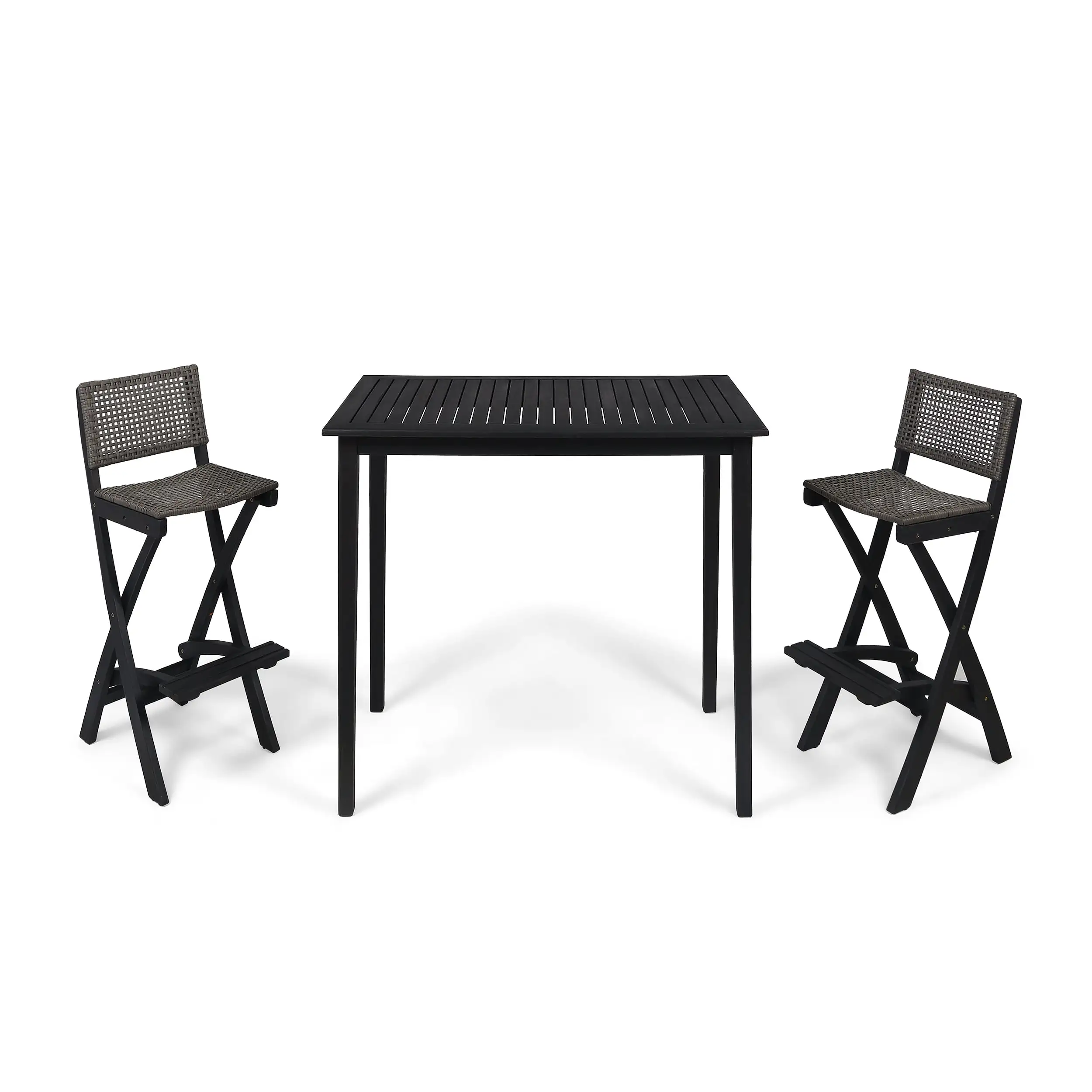 GDF Studio Omaha Outdoor Acacia Wood and Wicker 3 Piece Rectangular Bar Set. Dark Gray and Brown