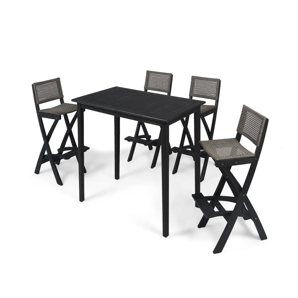 GDF Studio Omaha Outdoor Acacia Wood and Wicker 5 Piece Rectangular Bar Set. Dark Gray and Brown