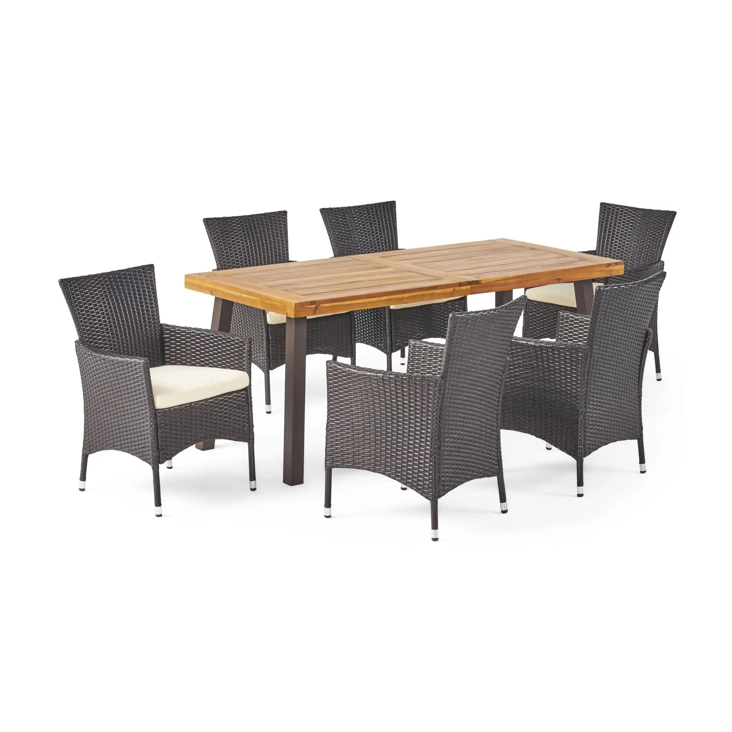 GDF Studio Randy Outdoor Acacia Wood and Wicker 7 Piece Dining Set with Cushions. Teak. Multibrown. and Beige