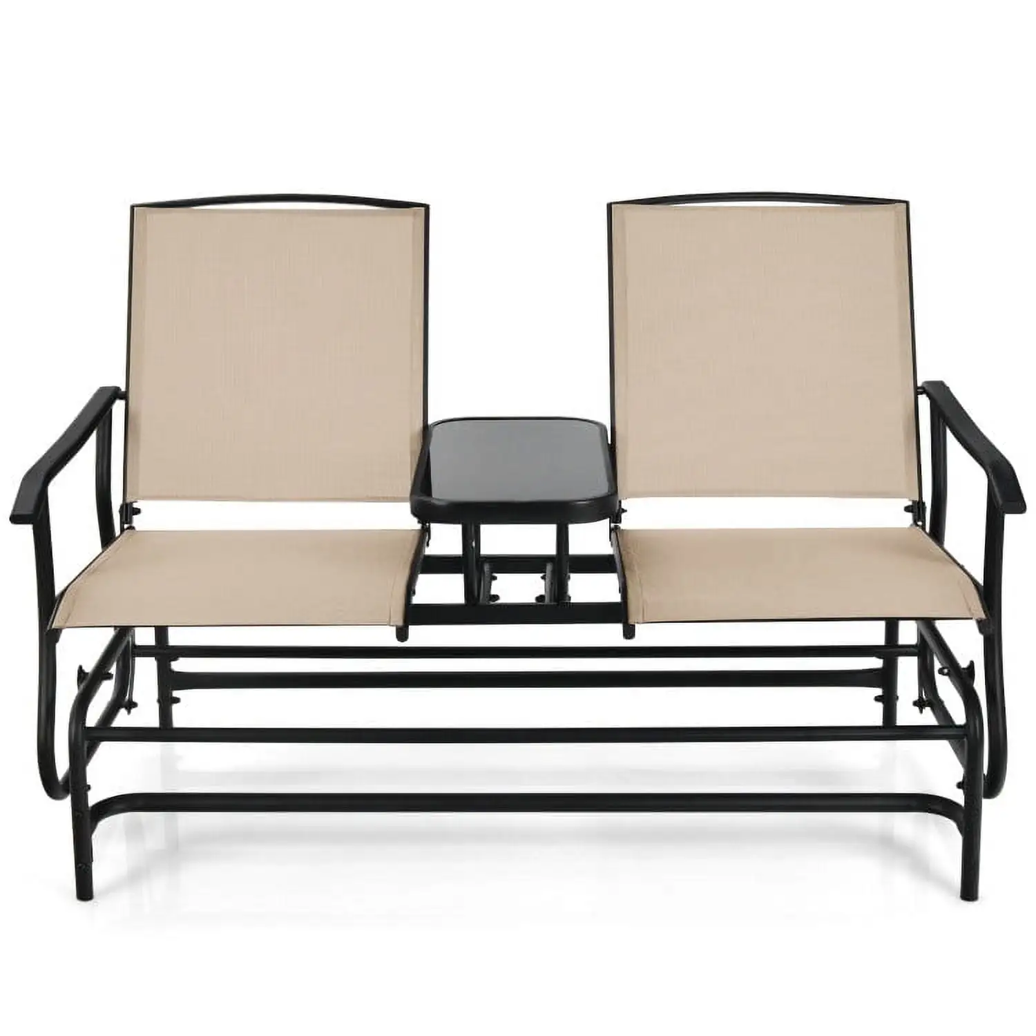 GVN 2-Person Double Rocking Loveseat with Mesh Fabric and Center Tempered Glass Table