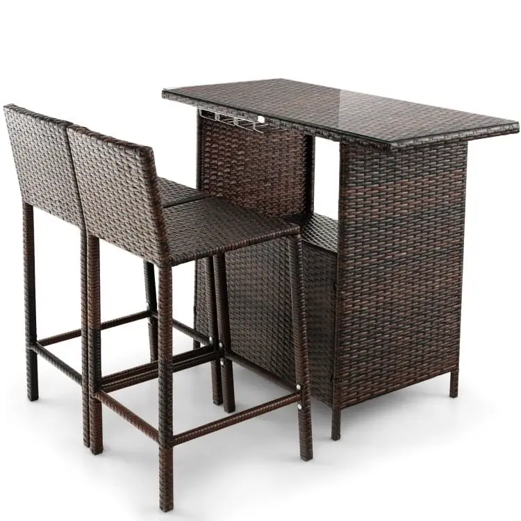 GVN 3 Pieces Outdoor Wicker Bar Set with 3 Rows Stemware Racks. Outdoor Furniture Chairs for Backyard. Porch. Garden. Poolside