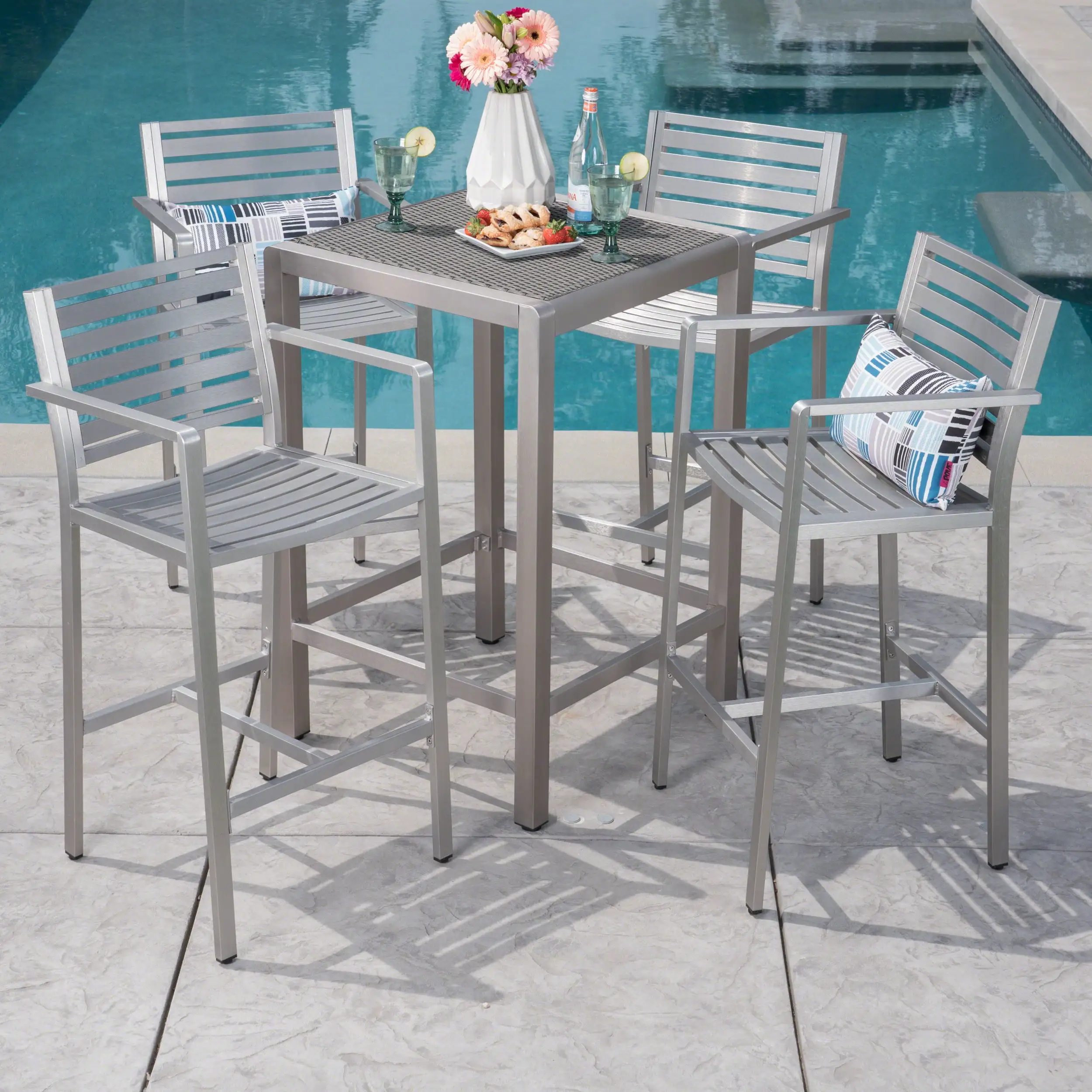 Noble House Cape Coral 5 Pc Aluminum Bar Set with Grey Wicker Top Table