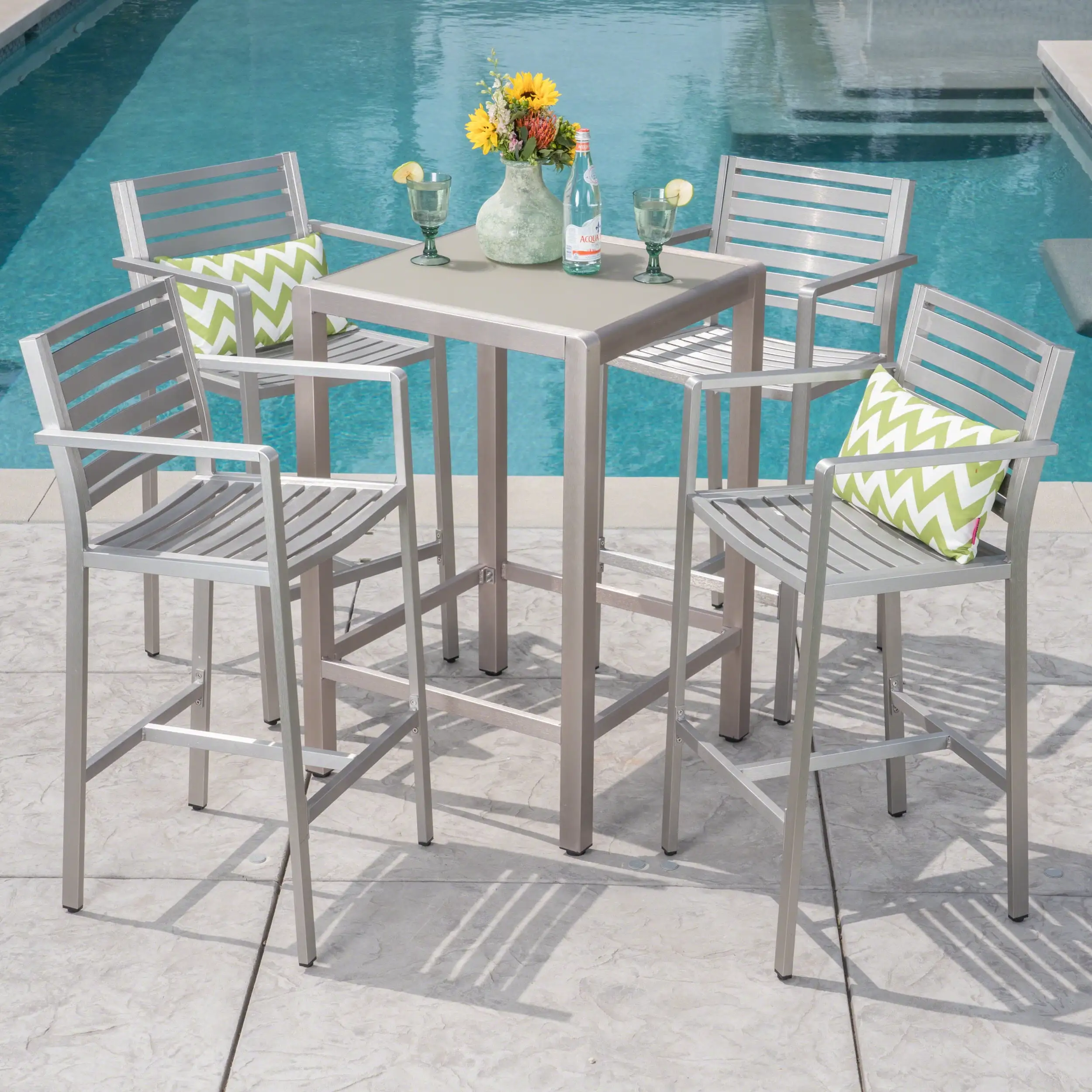 Gannon Outdoor 5 Piece Rust Proof Aluminum Bar Set with Tempered Glass Top Bar Table. Grey. Silver