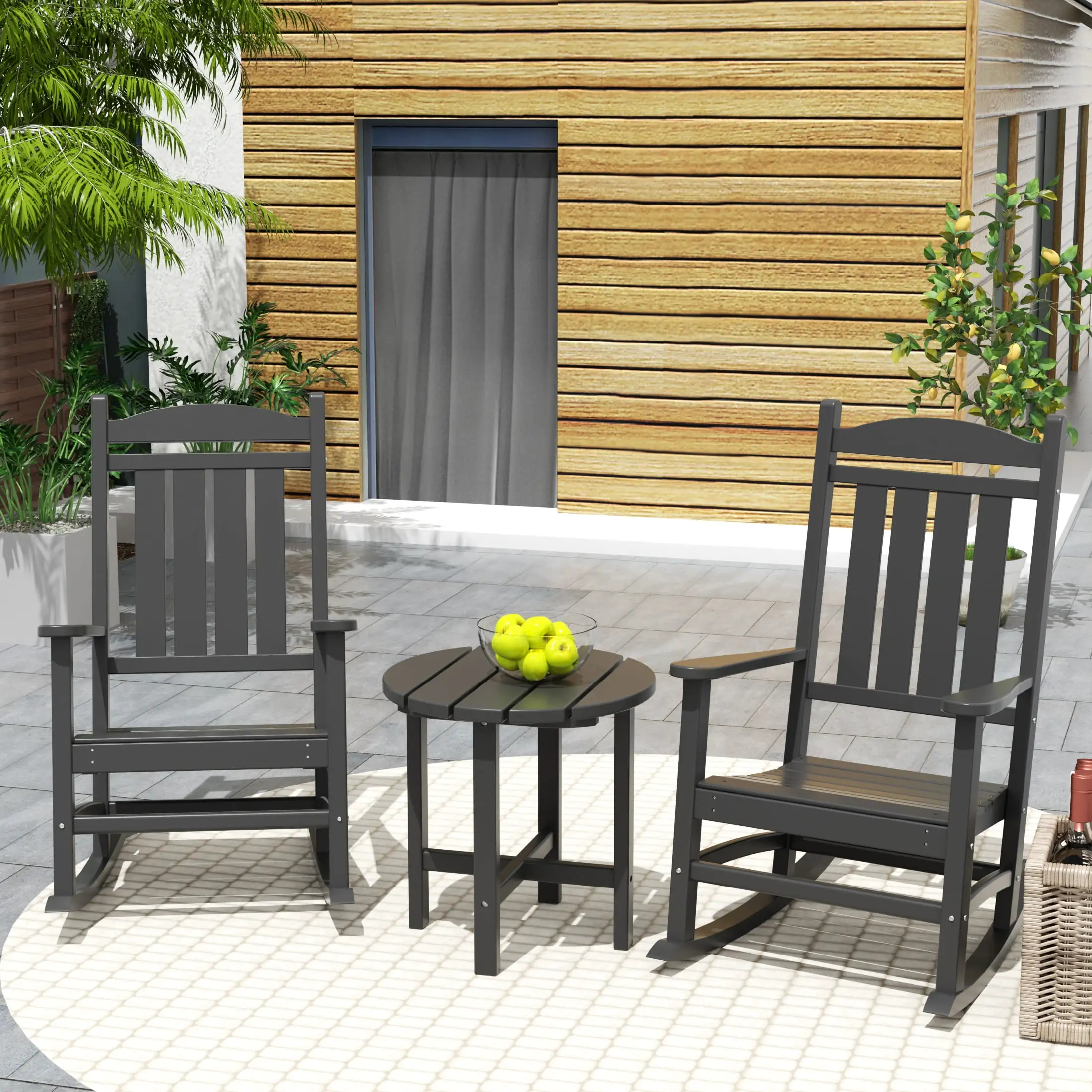 Garden 3-Piece Set Classic Plastic Adirondack Porch Rocking Chair with Round Side Table Included. Gray