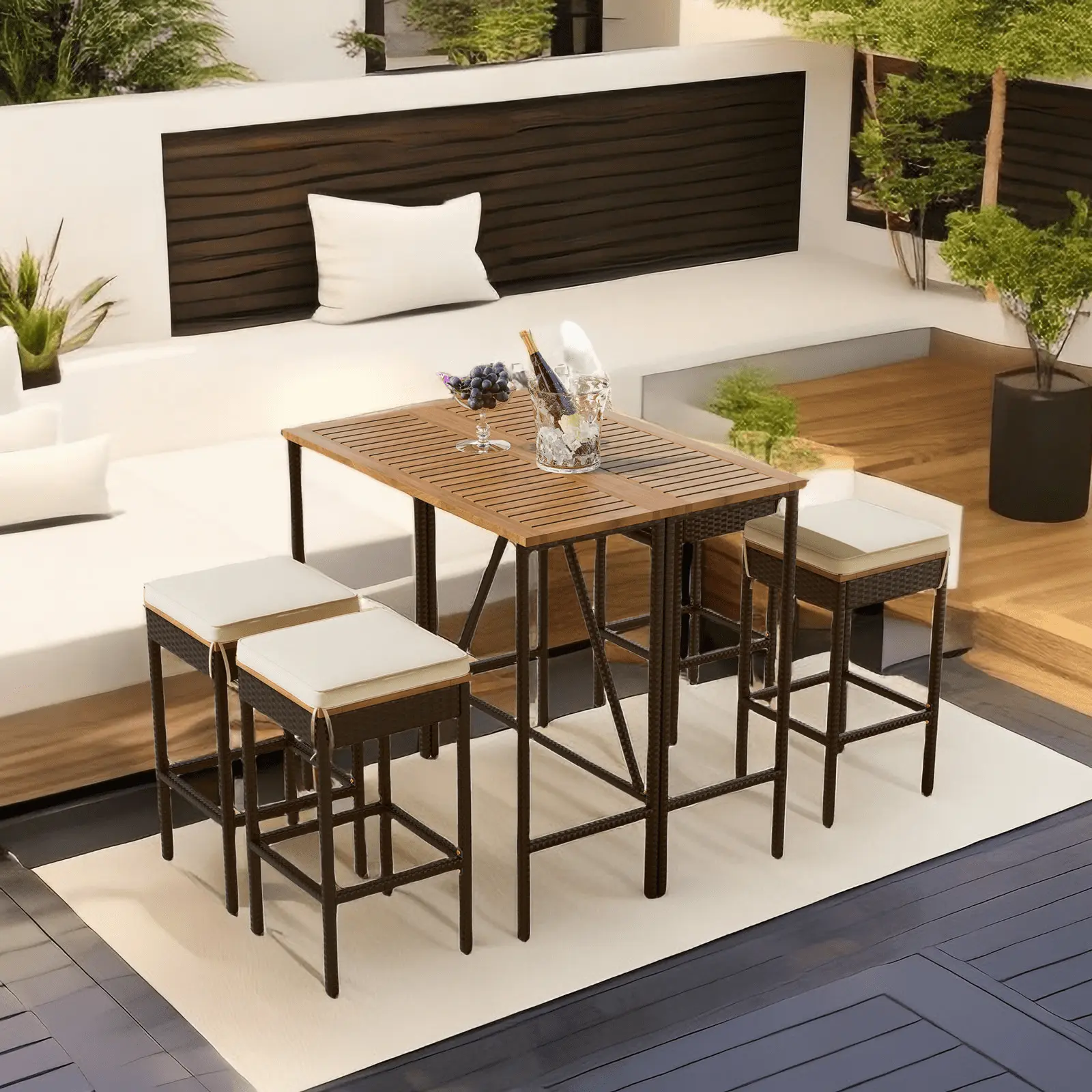 Glavbiku 5 Piece Outdoor Patio Wicker Bar Set with 4 Upholstered Stools.Foldable Dining Table.Brown