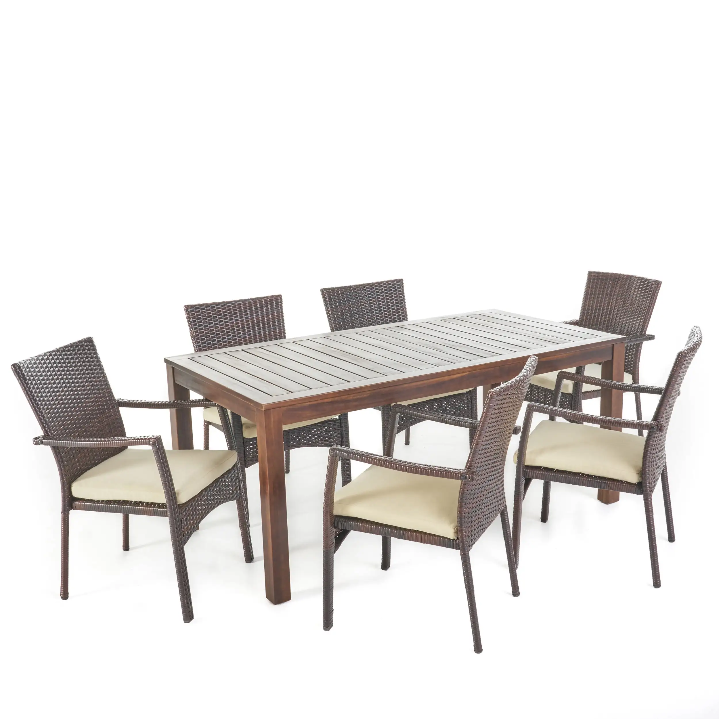 Goodman Outdoor 7 Piece Dining Set with Water Resistant Cushions. Brown andCr??me