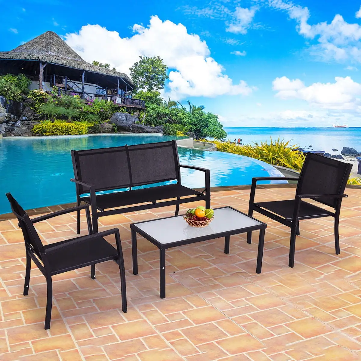 Goplus 4 PCS Outdoor Patio Furniture Set Sofa Loveseat Tee Table Garden Yard Pool Side