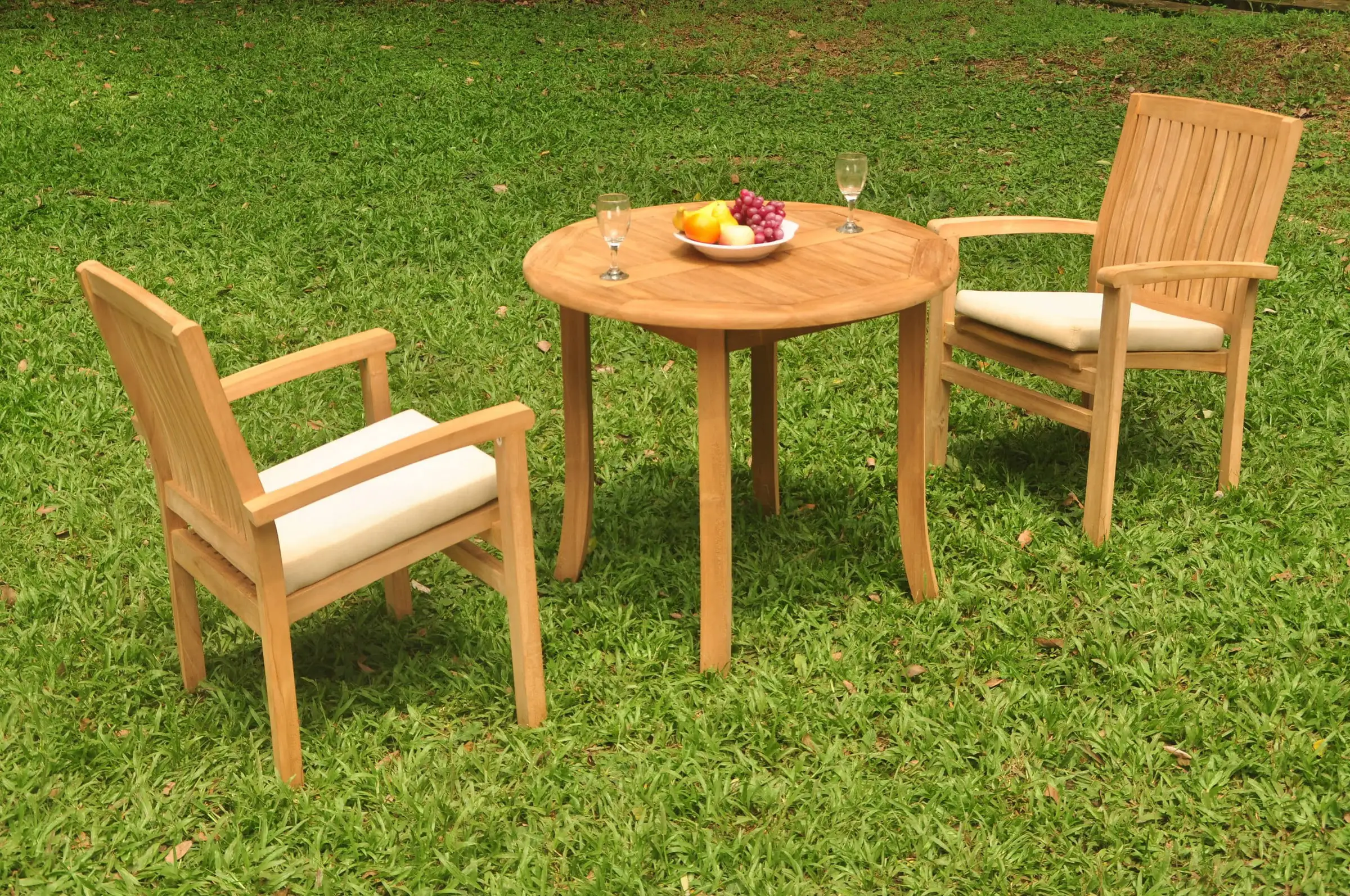 Grade-A Teak Dining Set: 2 Seater 3 Pc: 36 Round Table And 2 Wave Stacking Arm Chairs Outdoor Patio WholesaleTeak #WMDSWVd