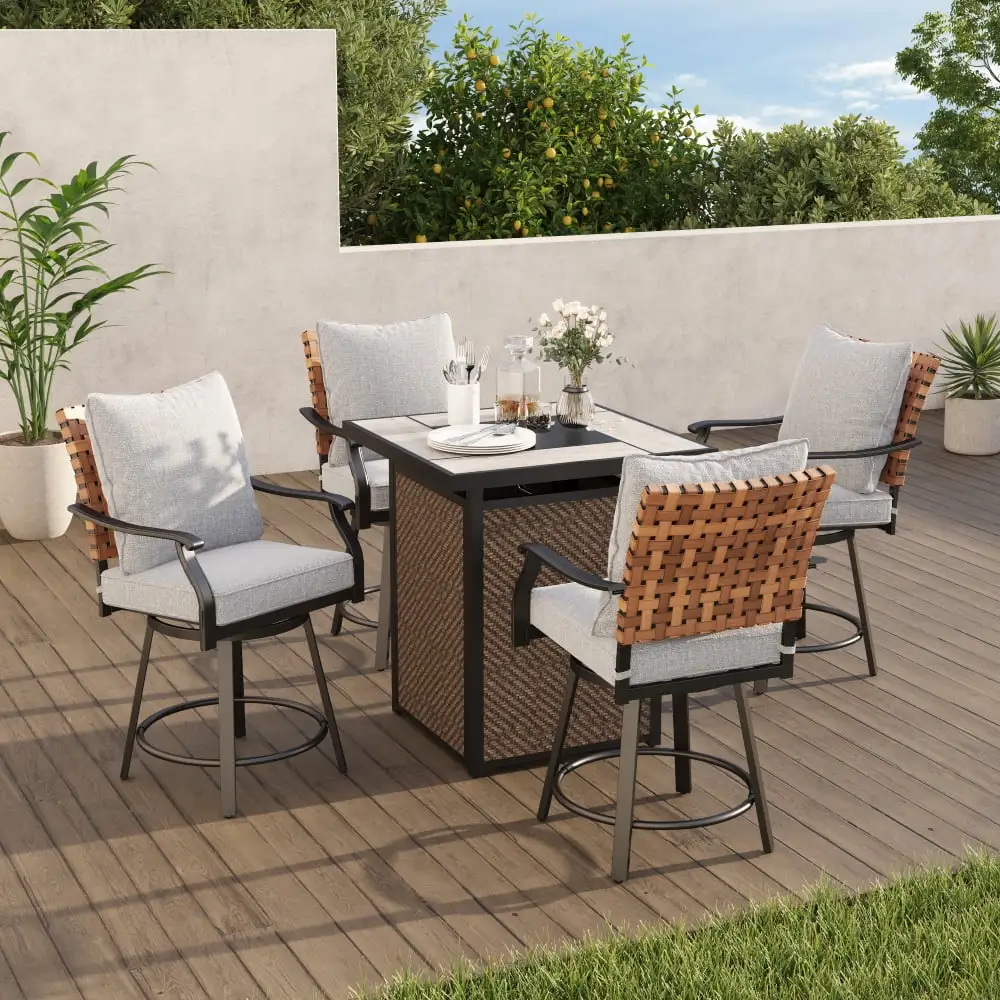 Grand Patio 5-Piece Patio Swivel Bar Set with Fire Pit Table 40.000 BTU Heat Output