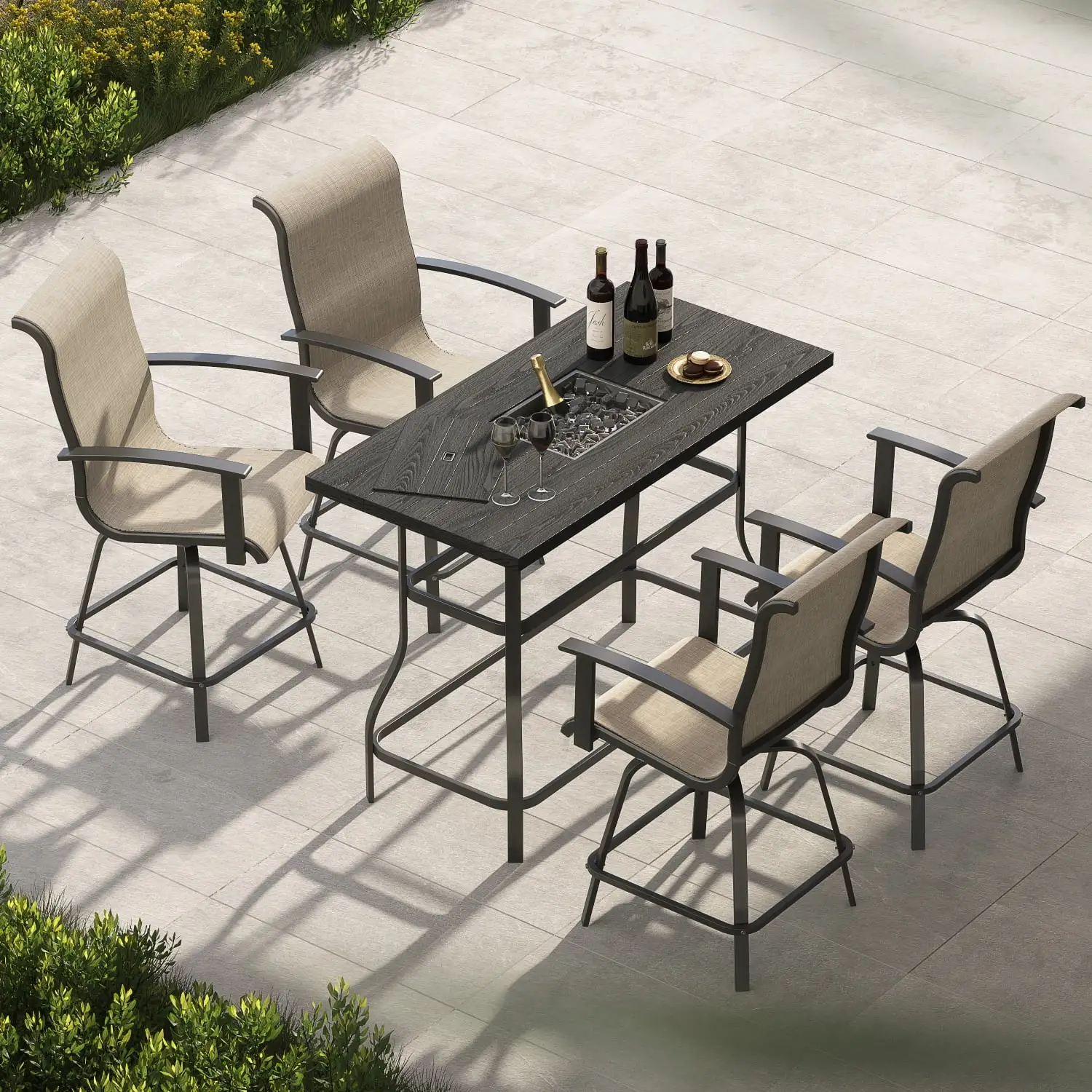 Grand Patio Outdoor Bar Set. 5 Piece Set. 4 Swivil Bar Chairs and Faux Wood Grain Table with Ice Bucket. Coffee