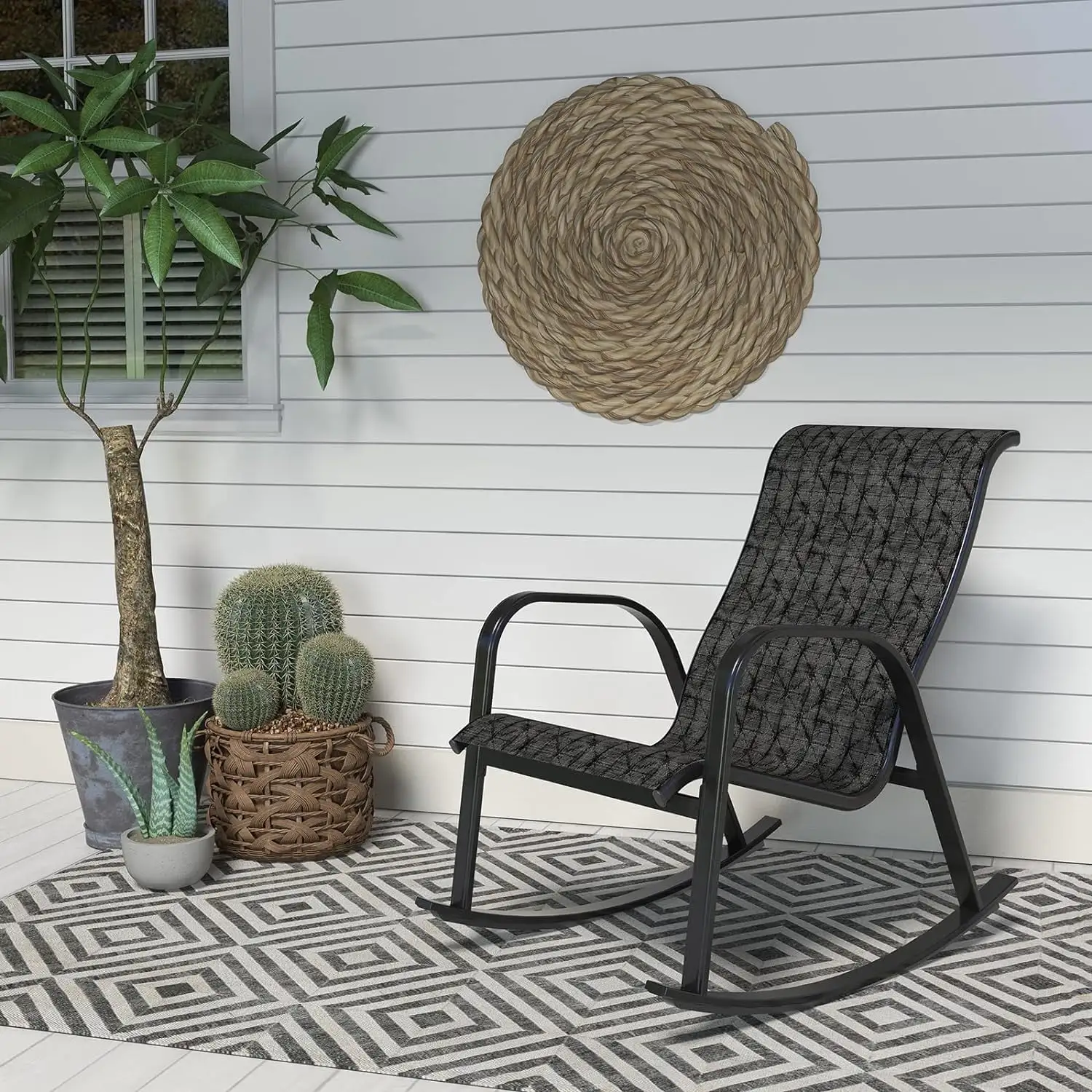 Grand Patio Outdoor Rocking Chair for Porch. All-Weather Rocker Chair for Patio with Steel Frame Sling Textile Lounge Chair for Patio. Balcony. Garden. Backyard. Black